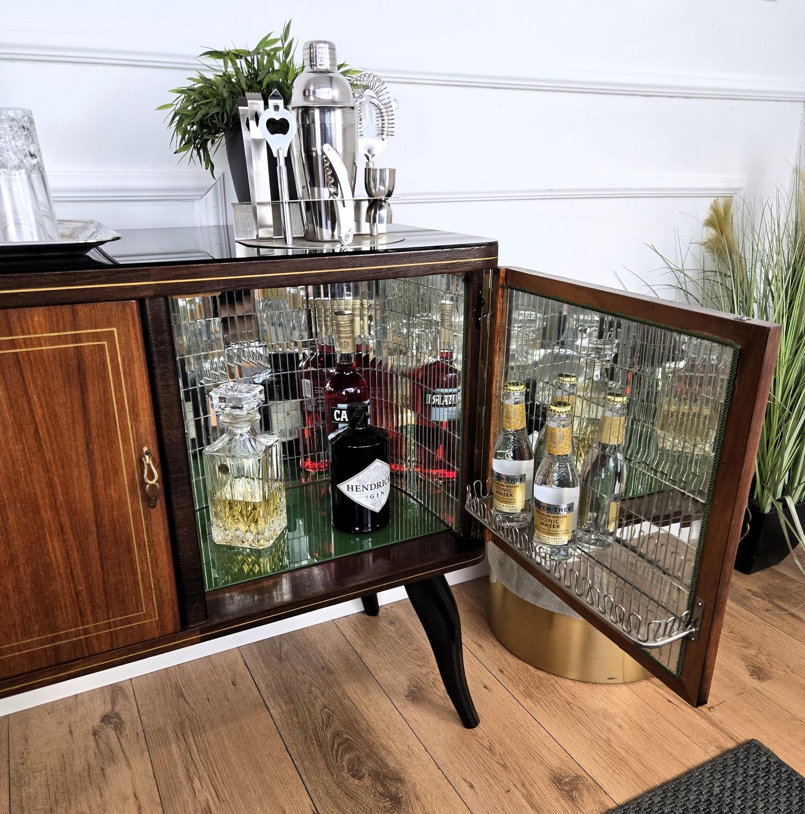 Italian 1950s Mid Century Modern Walnut And Mirror Mosaic Dry Bar Cabinet photo Furniture