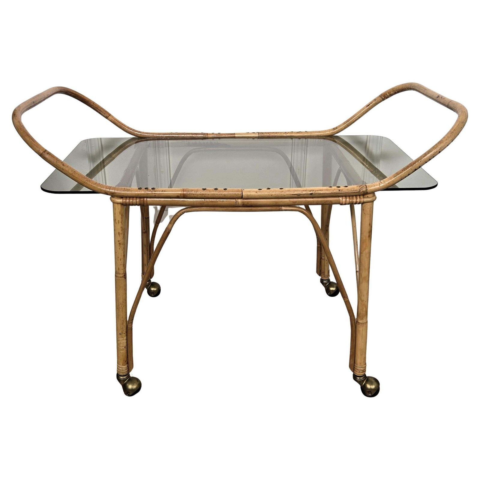 1970s Italian Bamboo Rattan Glass Bohemian French Riviera Serving Bar Cart