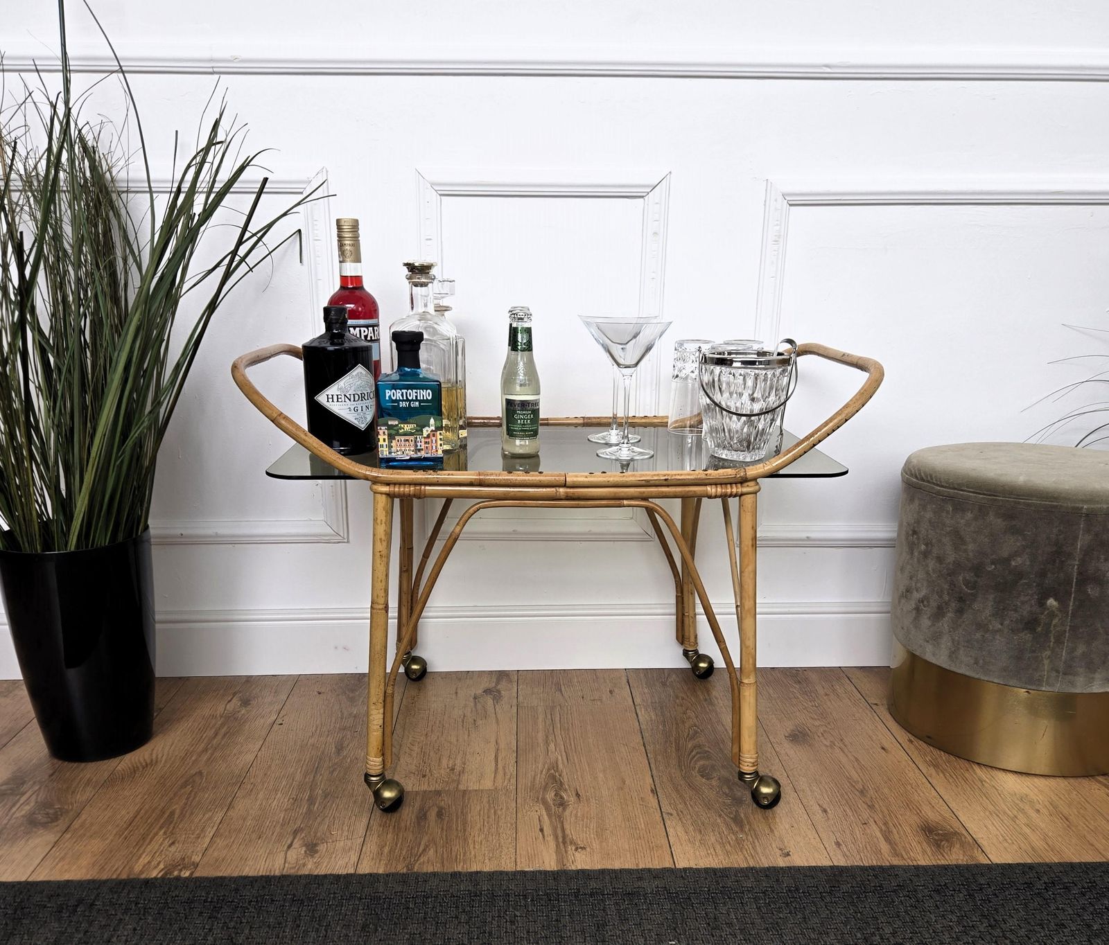 1970s Italian Bamboo Rattan Glass Bohemian French Riviera Serving Bar Cart photo furniture