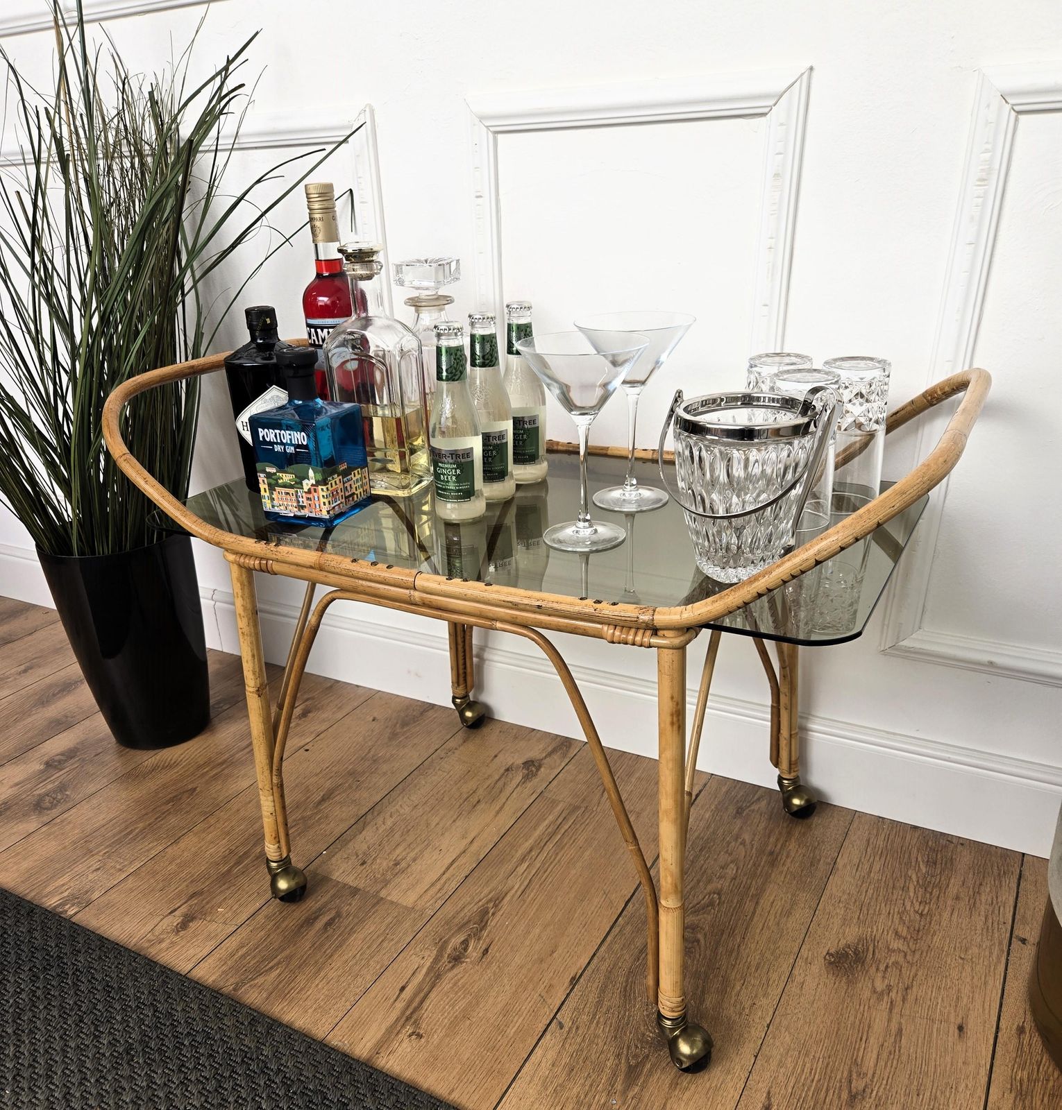 1970s Italian Bamboo Rattan Glass Bohemian French Riviera Serving Bar Cart photo for sale