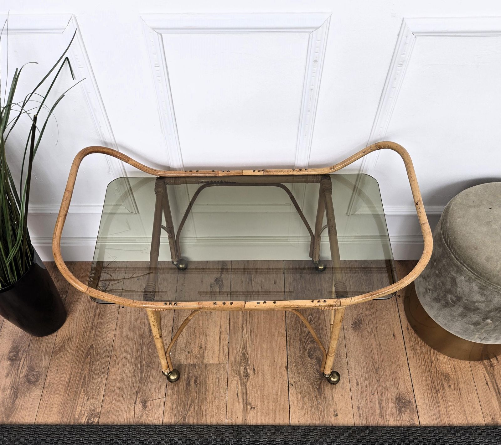 1970s Italian Bamboo Rattan Glass Bohemian French Riviera Serving Bar Cart photo buy