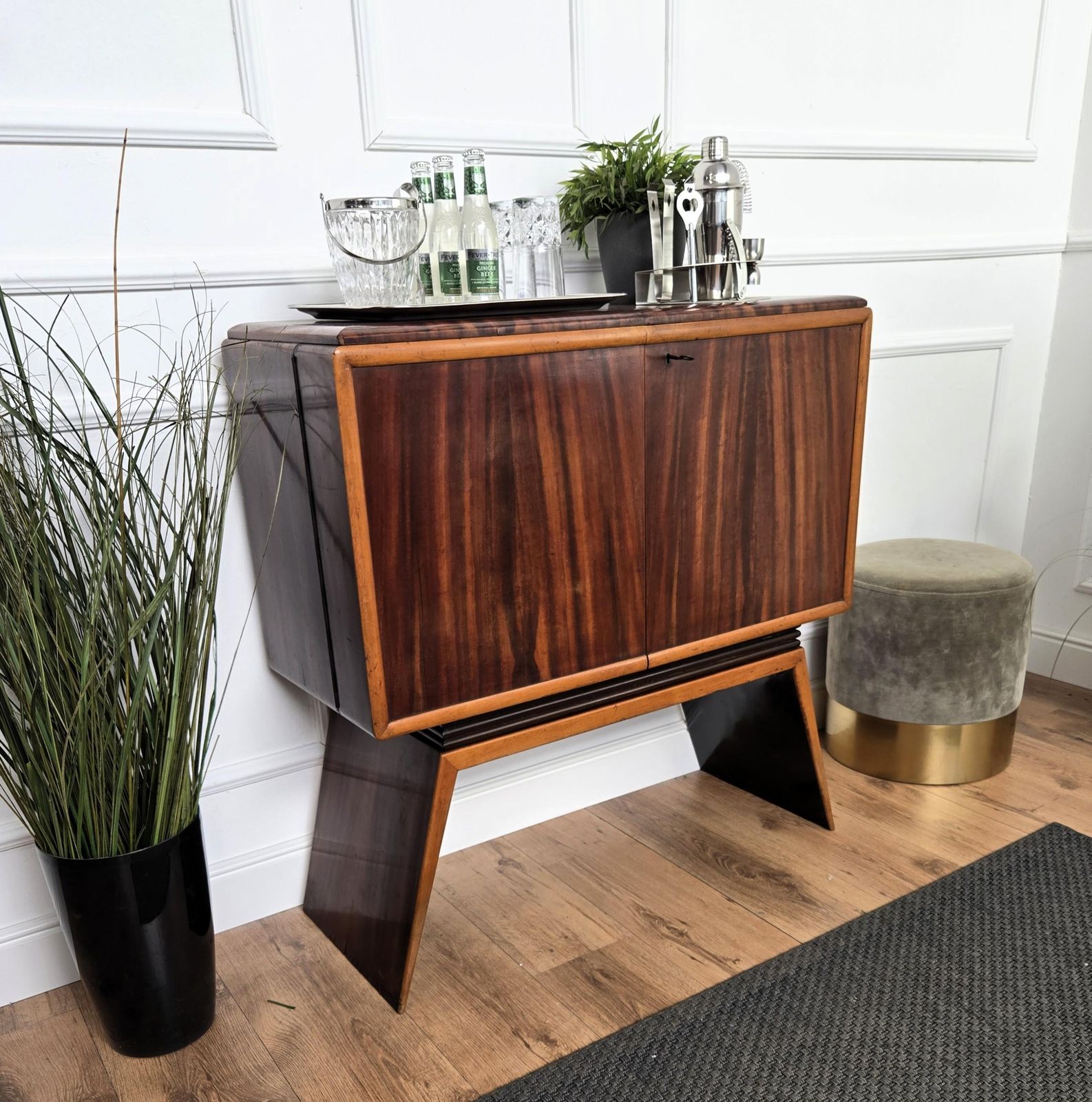 1950s Art Deco Midcentury Italian Walnut Mirror Mosaic Sideboard Bar Cabinet photo vinterior