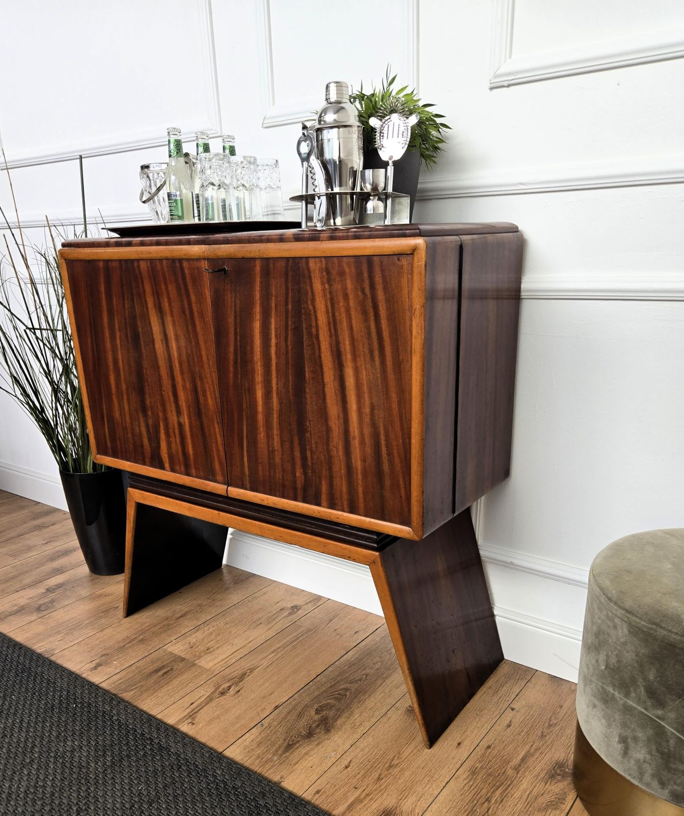 1950s Art Deco Midcentury Italian Walnut Mirror Mosaic Sideboard Bar Cabinet photo buy