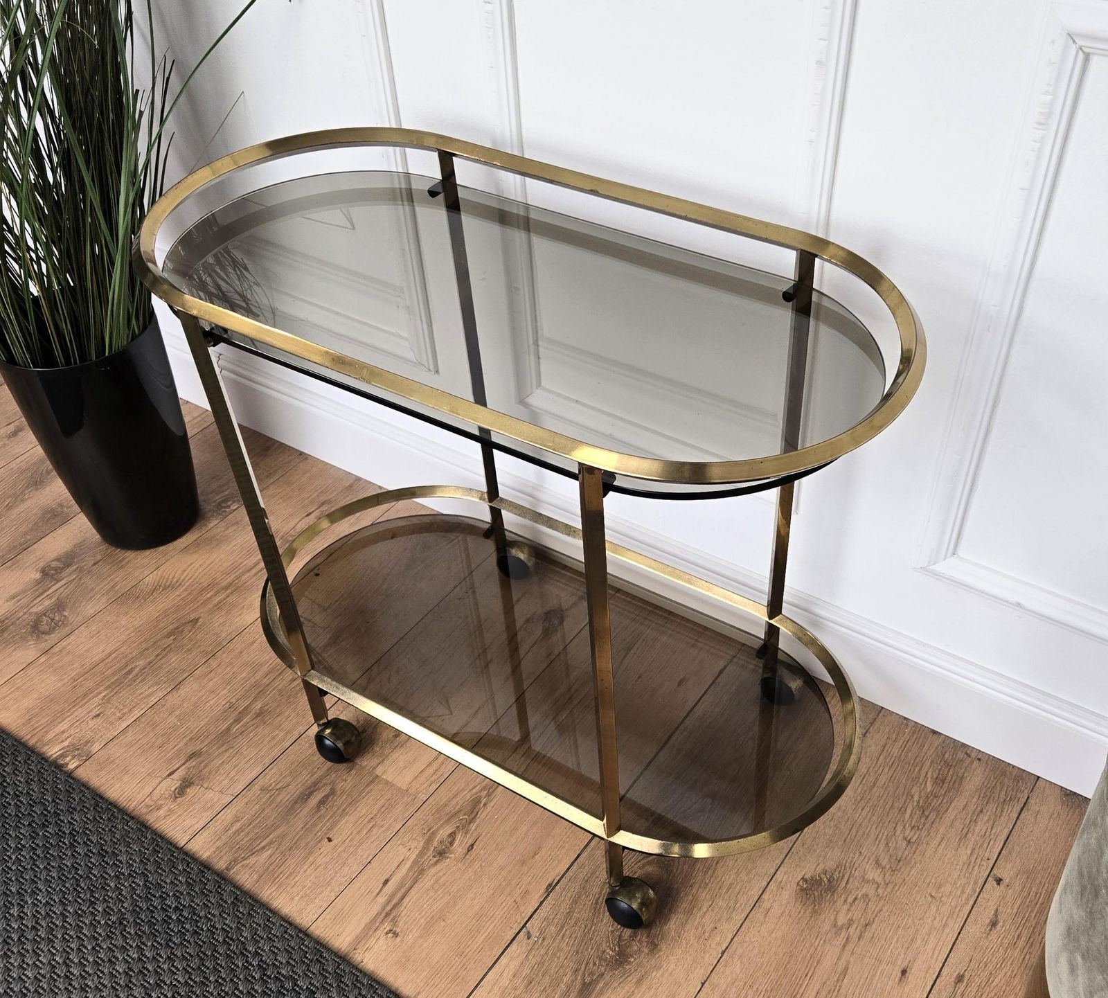 1960s Italian Two Tier Brass And Glass Bar Cart With Dark Glass Top photo buy