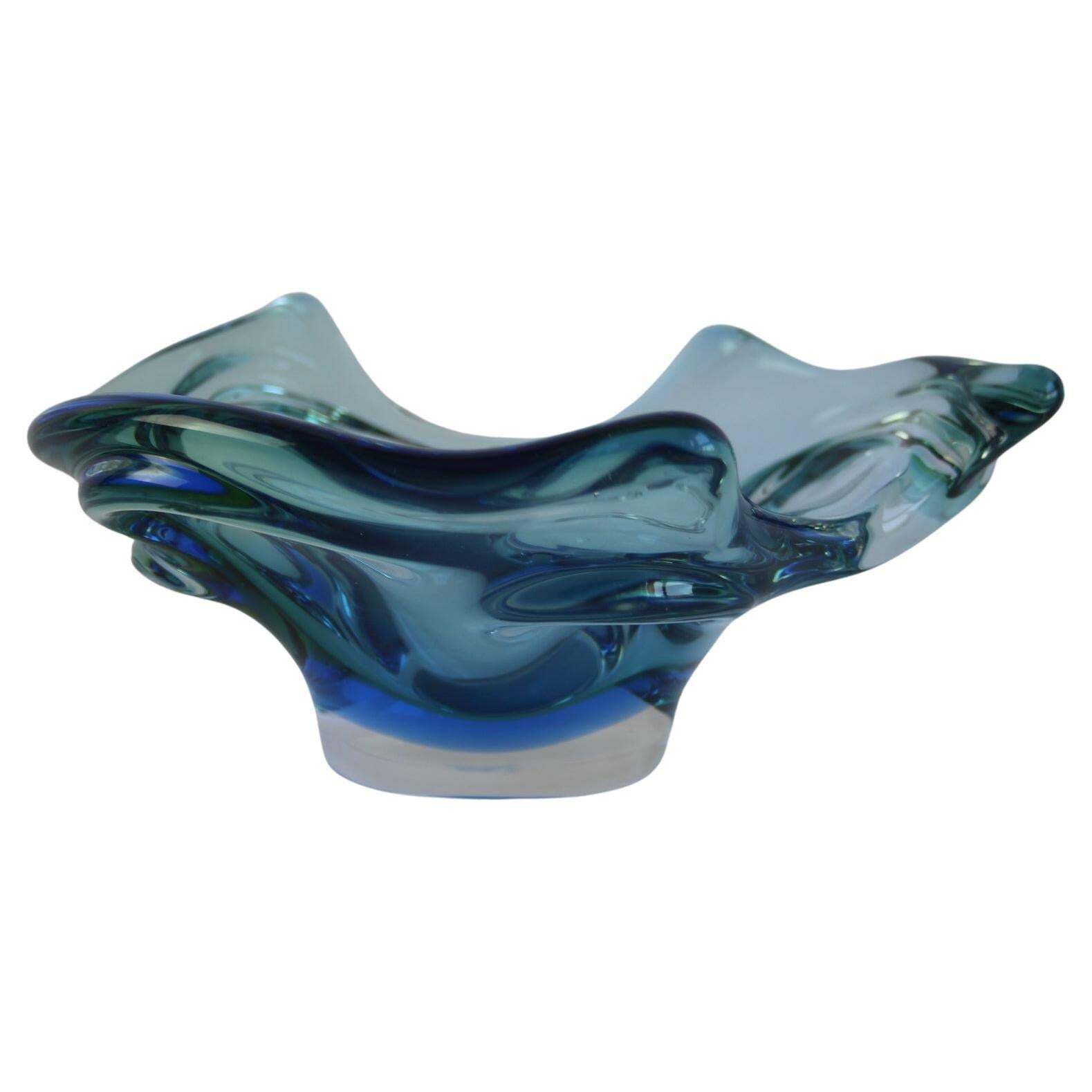 Mid Century Czech Art Glass Bowl By Chribska, Blue & Green, 1960s
