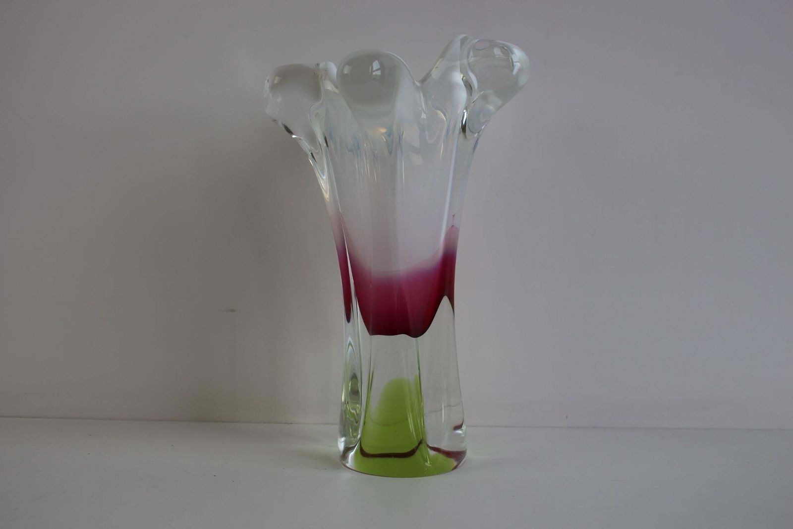 Stunning Mid Century Czech Art Glass Vase By Hospodka Red, Pink, And Lime Green photo furniture