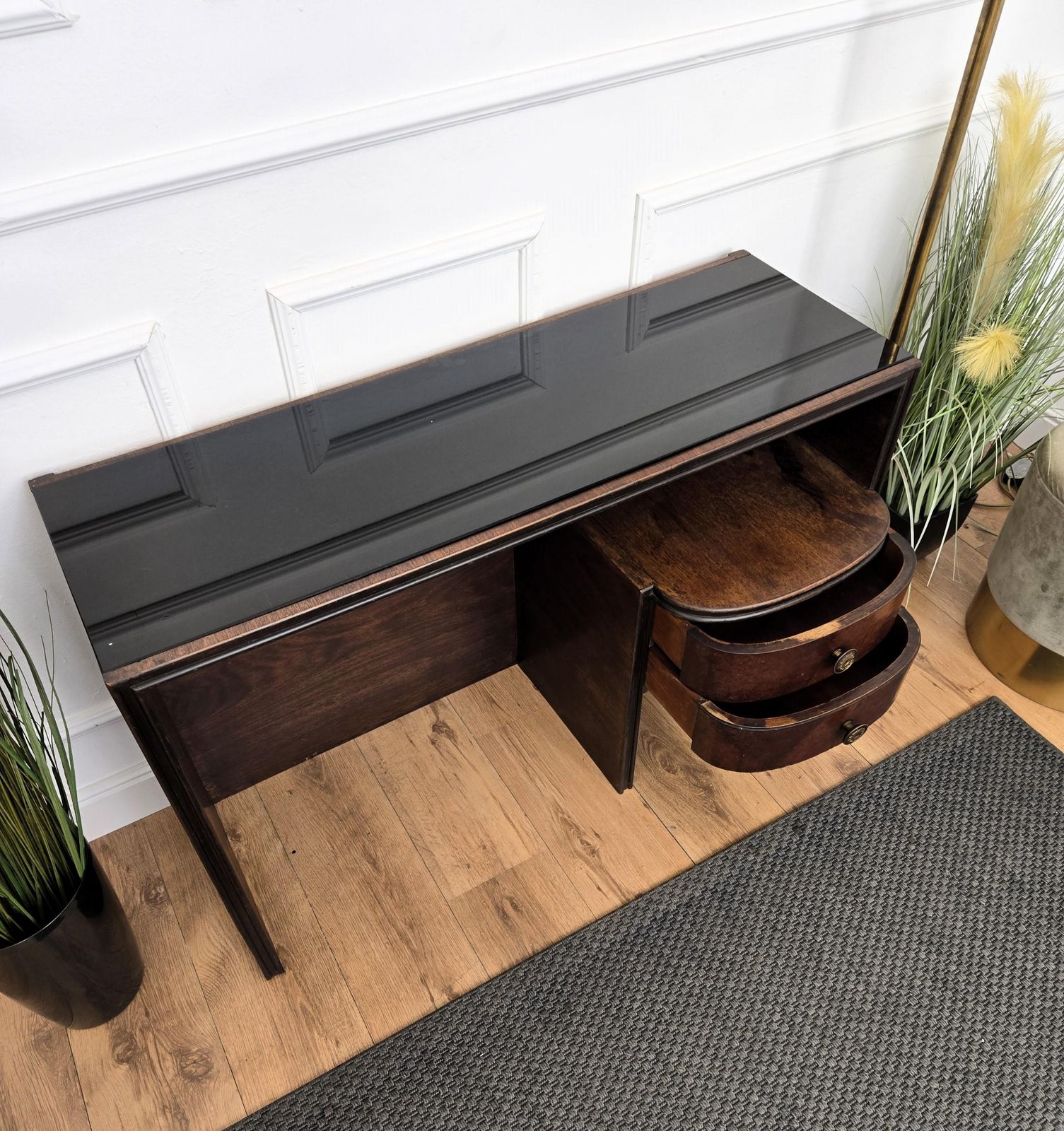 photo for sale 1940s Art Deco Midcentury Italian Walnut Burl Glass Writing Desk Table Console