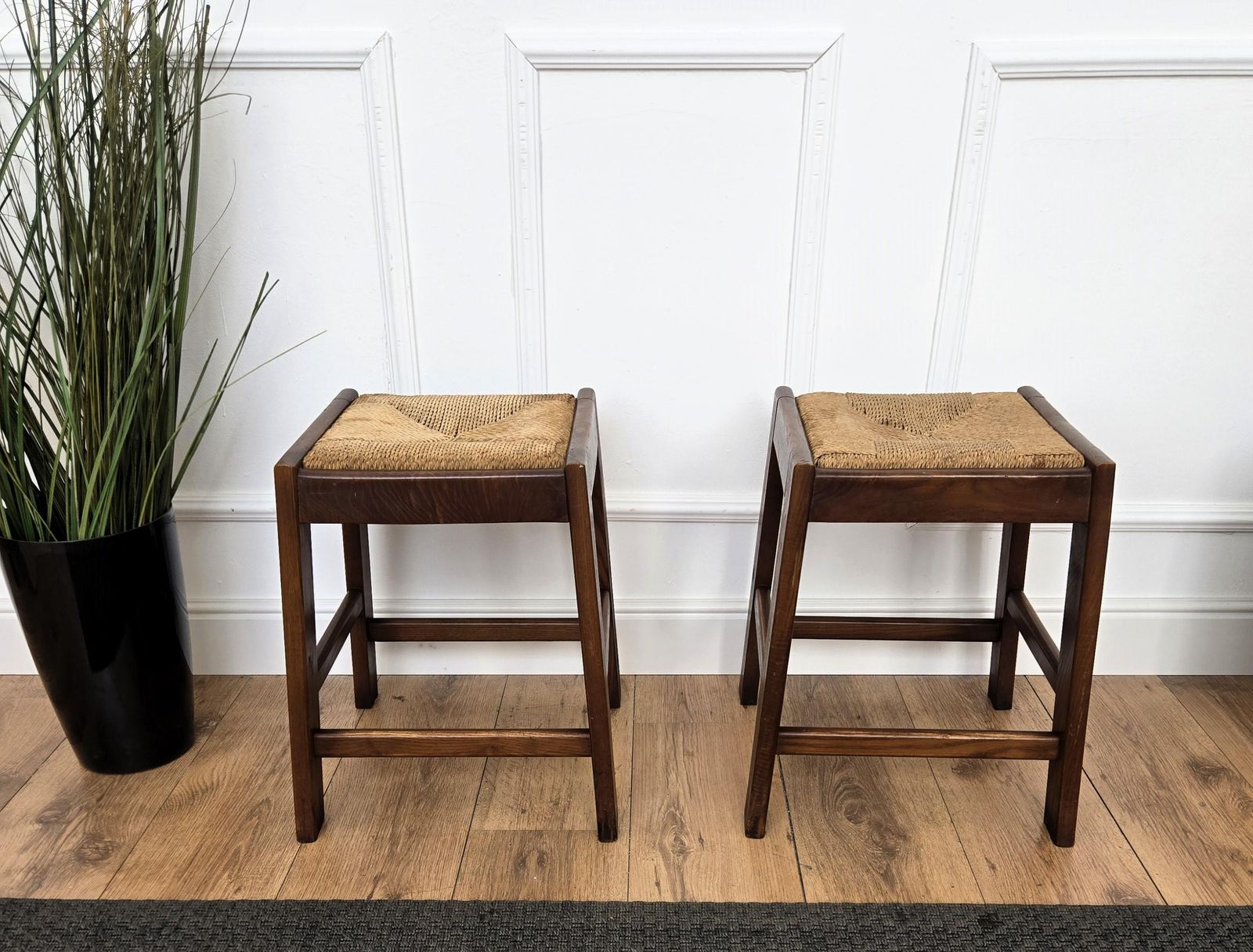 Pair Of 1960s Italian Midcentury Wood And Cord Woven Rope Stools photo for sale