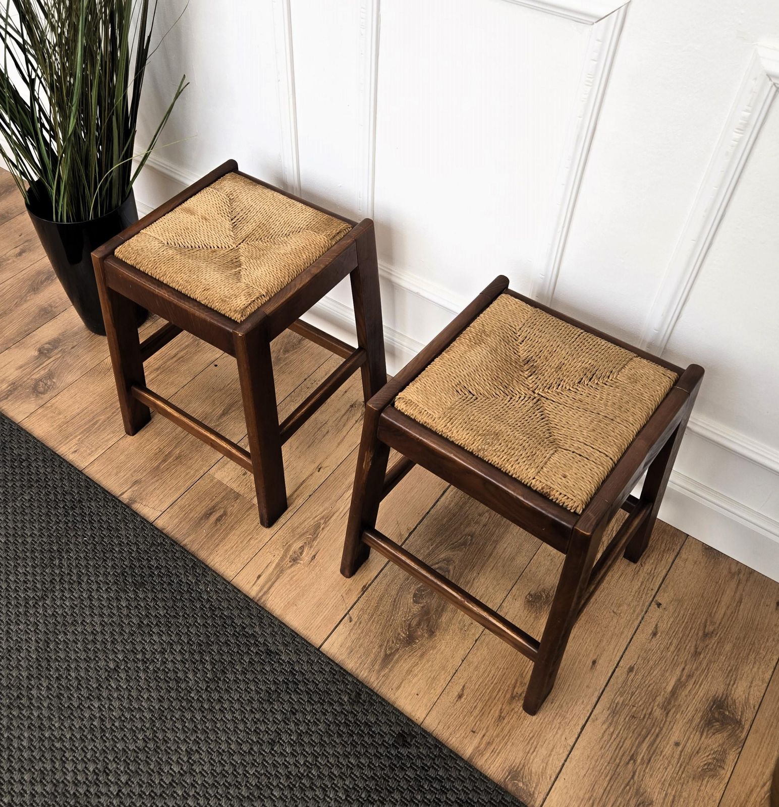 photo furniture Pair Of 1960s Italian Midcentury Wood And Cord Woven Rope Stools