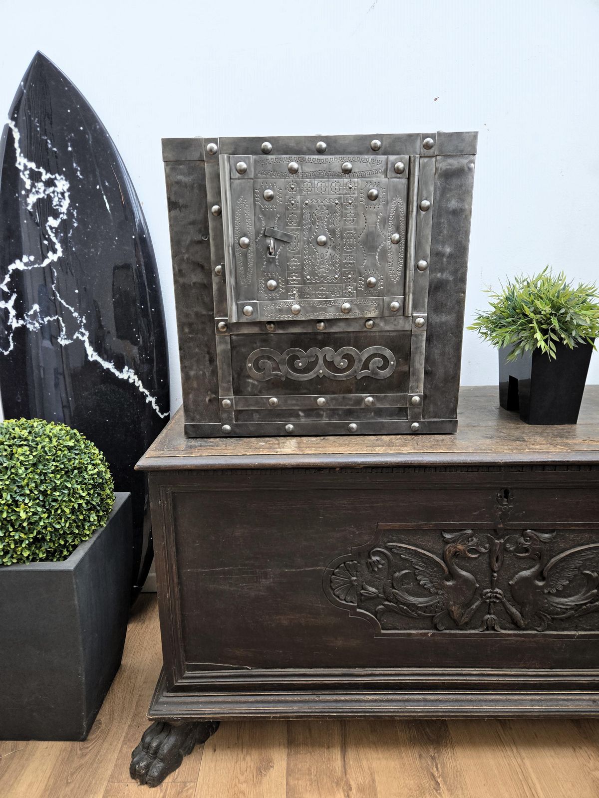 18th Century Wrought Iron Italian Antique Hobnail Safe Strong Box Bar Cabinet photo furniture
