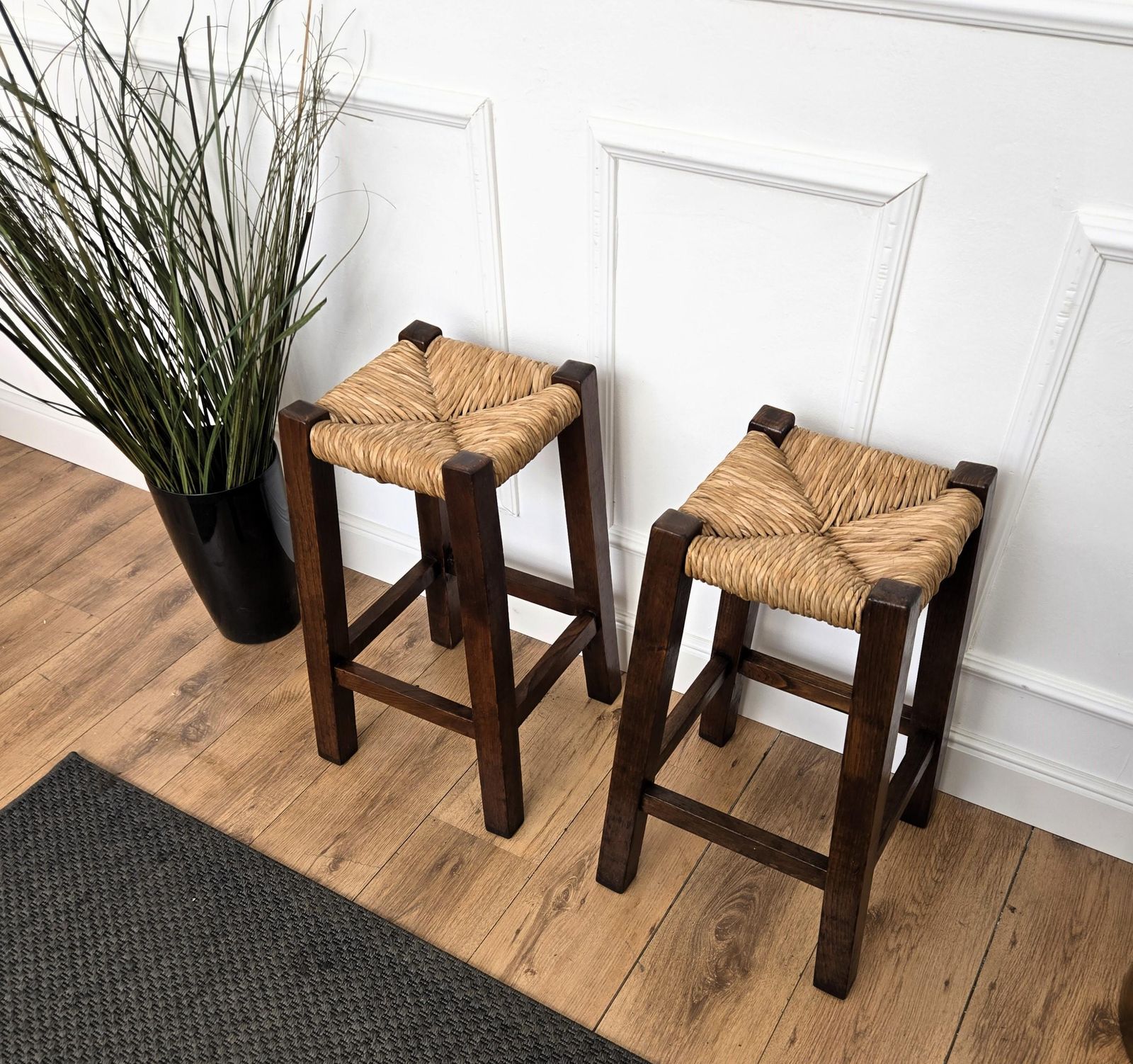 Pair Of 1960s Italian Midcentury Wood And Cord Woven Rope Stools photo buy