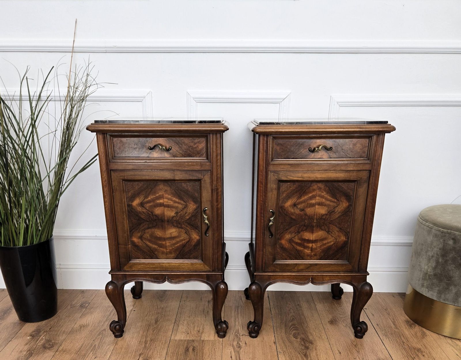 Pair Of Italian Antique Walnut Burl And Portoro Marble Night Stands Bed Tables photo 2166.0