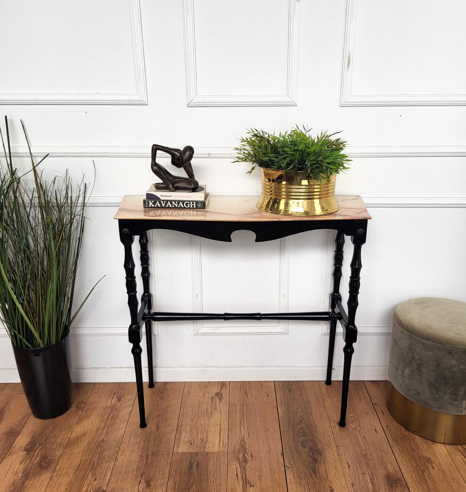 1950s Midcentury Italian Black Wood Brass Wall Console Table With Marble Top photo furniture