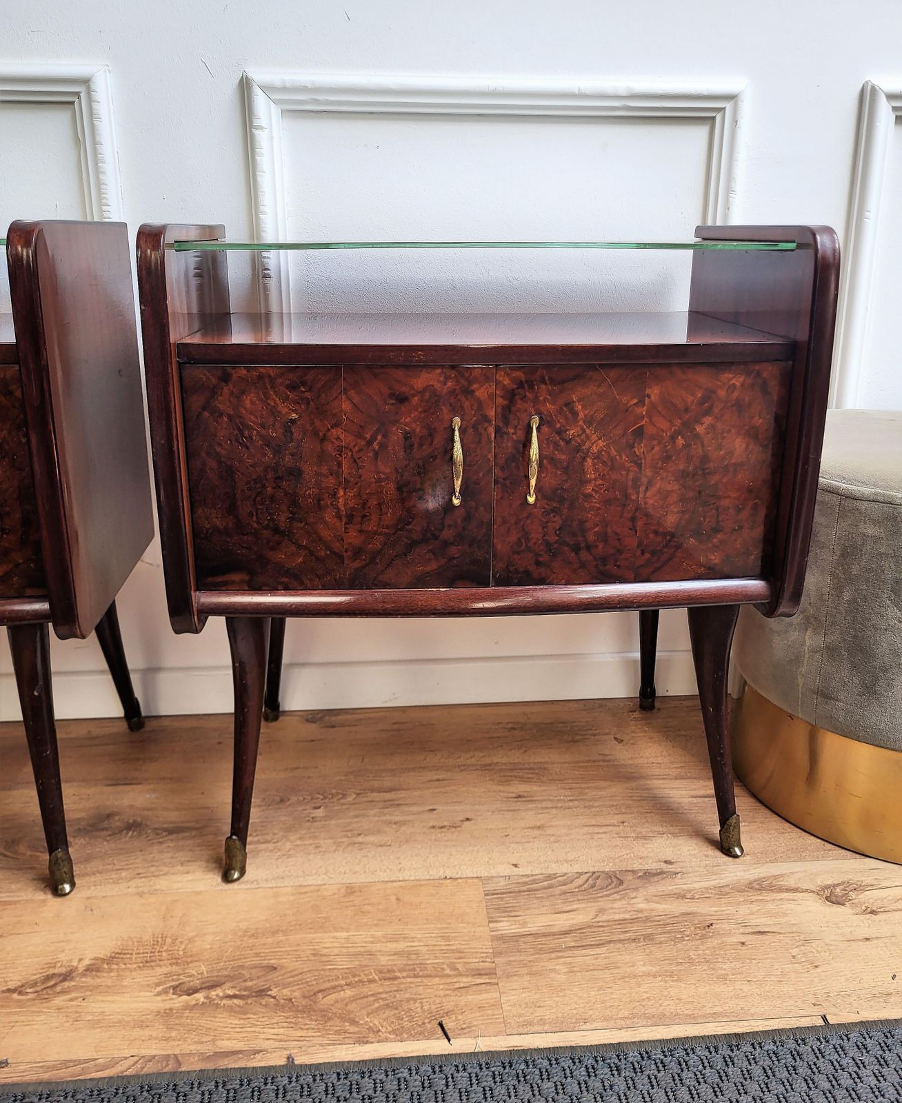 Italian Midcentury Art Deco Night Stands Bedside Tables Wood Brass & Glass photo for sale
