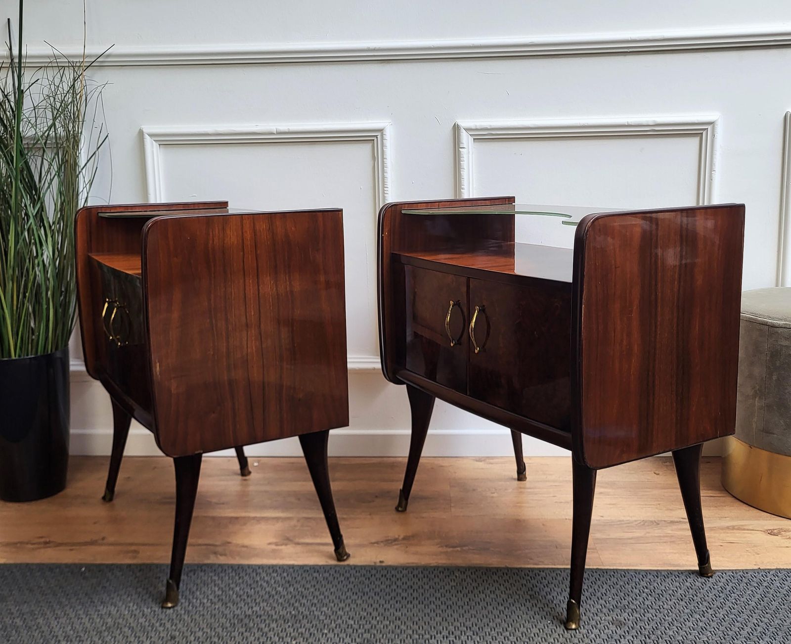 Italian Midcentury Art Deco Night Stands Bedside Tables Wood Brass & Glass photo buy