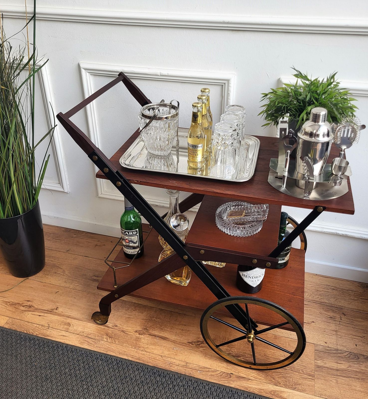 1950s Art Deco Midcentury Italian Wood And Brass Dry Bar Cabinet Liquor Cart photo for sale