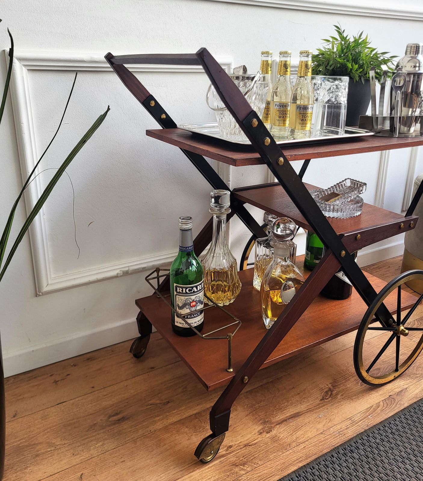 1950s Art Deco Midcentury Italian Wood And Brass Dry Bar Cabinet Liquor Cart photo Furniture