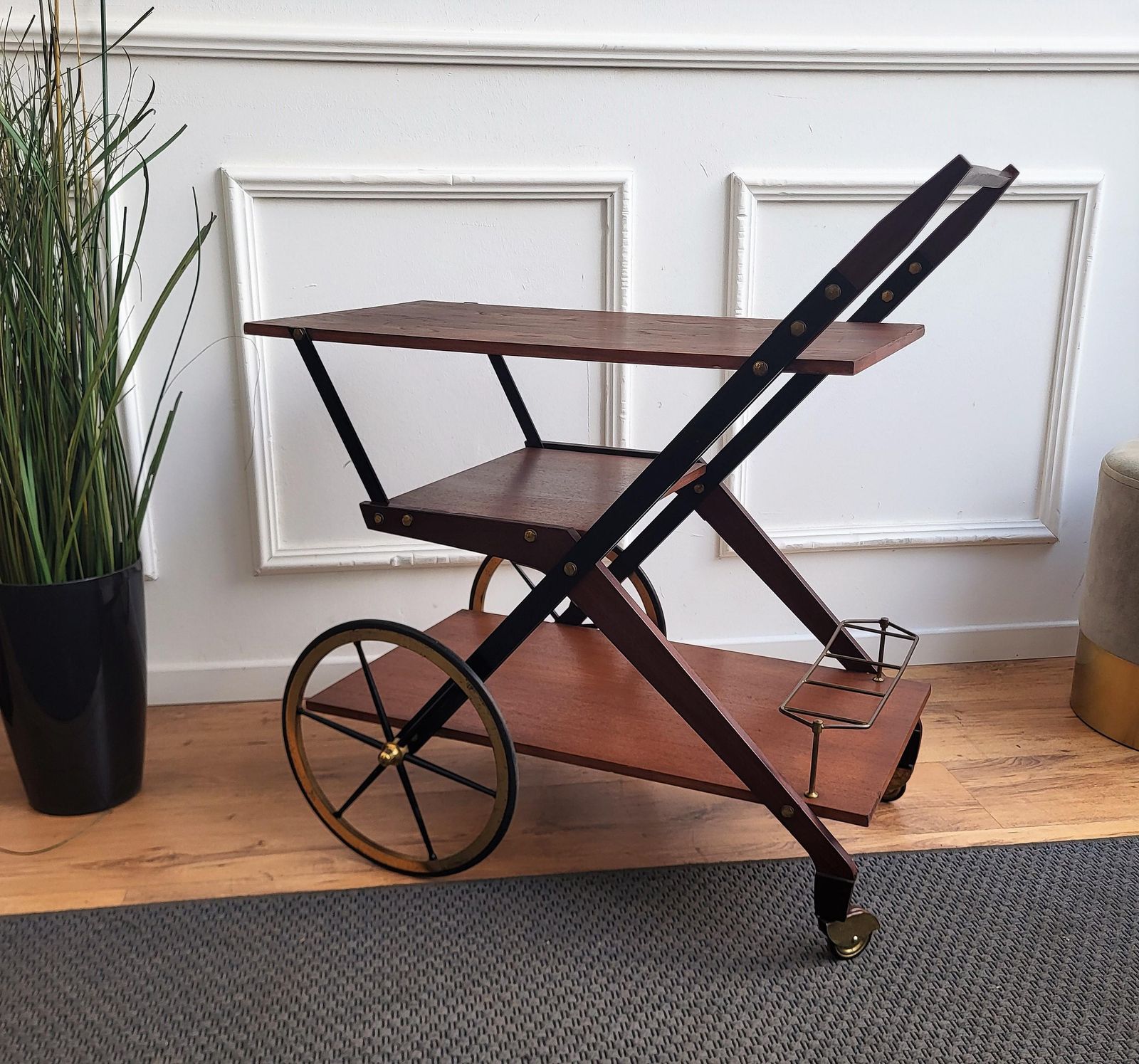 1950s Art Deco Midcentury Italian Wood And Brass Dry Bar Cabinet Liquor Cart photo buy