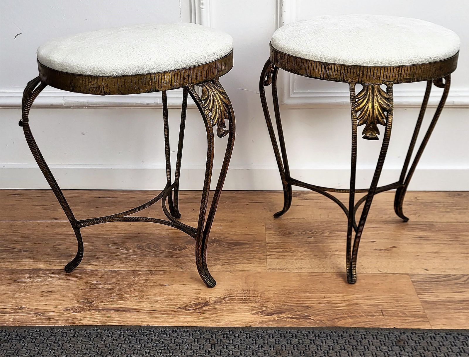 Pair Of Mid Century Italian Gold Brass And White Upholstery Tripod Stools Bench photo for sale
