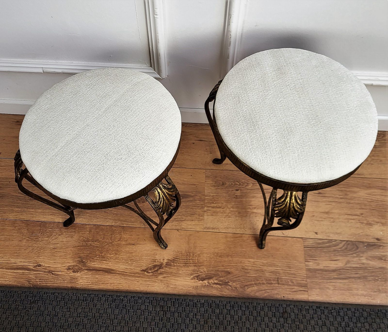 Pair Of Mid Century Italian Gold Brass And White Upholstery Tripod Stools Bench photo Furniture