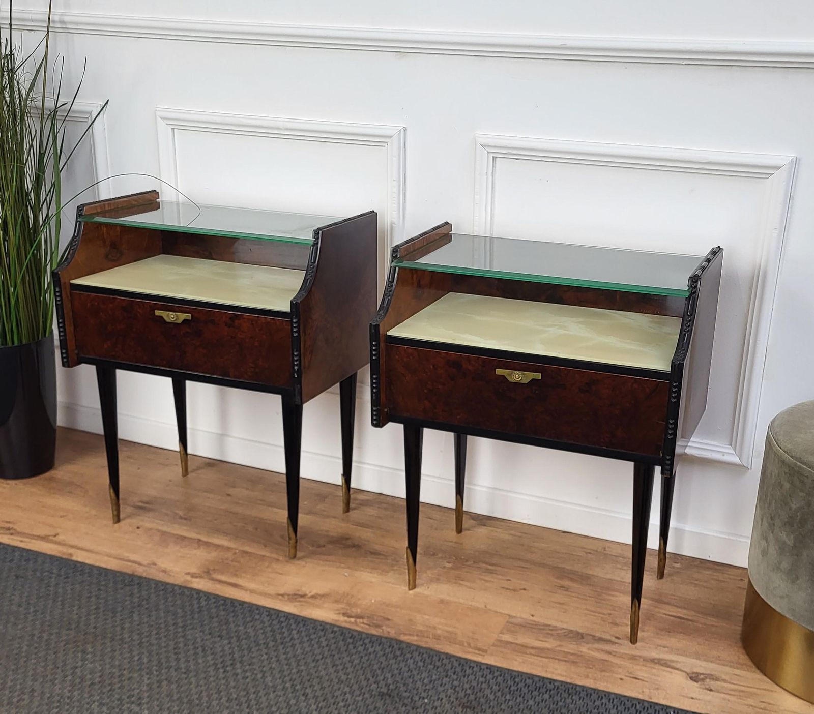 Italian Midcentury Art Deco Nightstands Bed Side Tables Wood Brass & Glass photo furniture