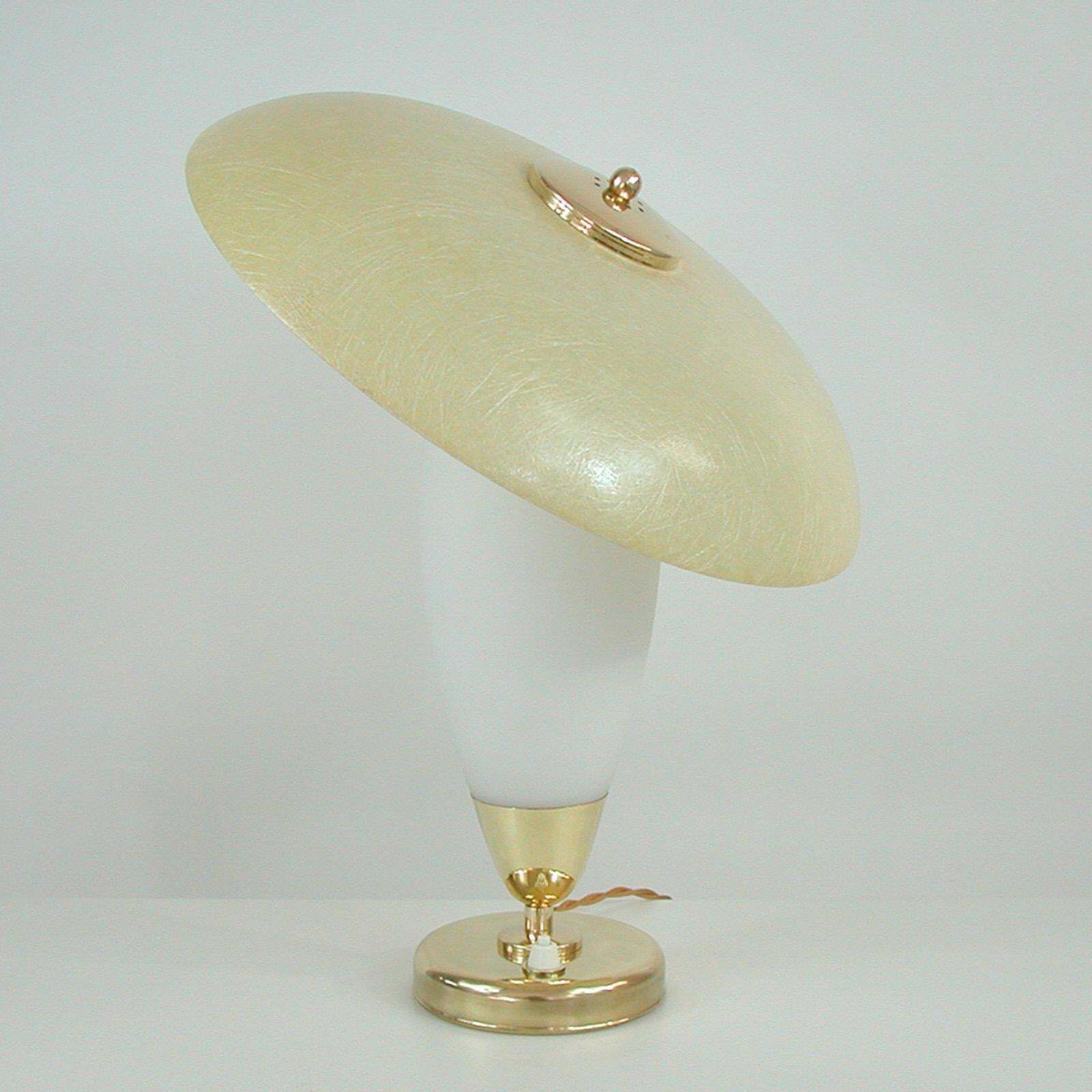 Midcentury Swedish Modern Brass, Opaline And Fiberglass Saucer Table Lamp, 1950s photo Lighting