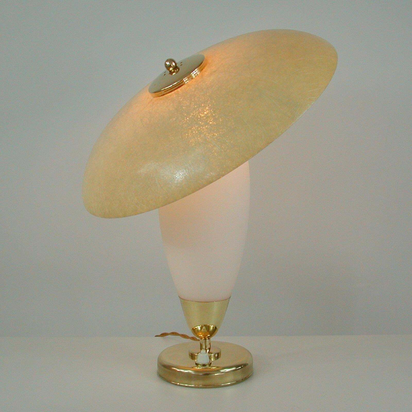Midcentury Swedish Modern Brass, Opaline And Fiberglass Saucer Table Lamp, 1950s photo vinterior