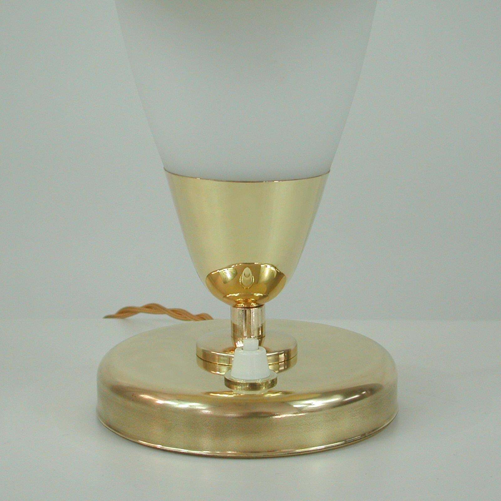 Midcentury Swedish Modern Brass, Opaline And Fiberglass Saucer Table Lamp, 1950s photo vintage