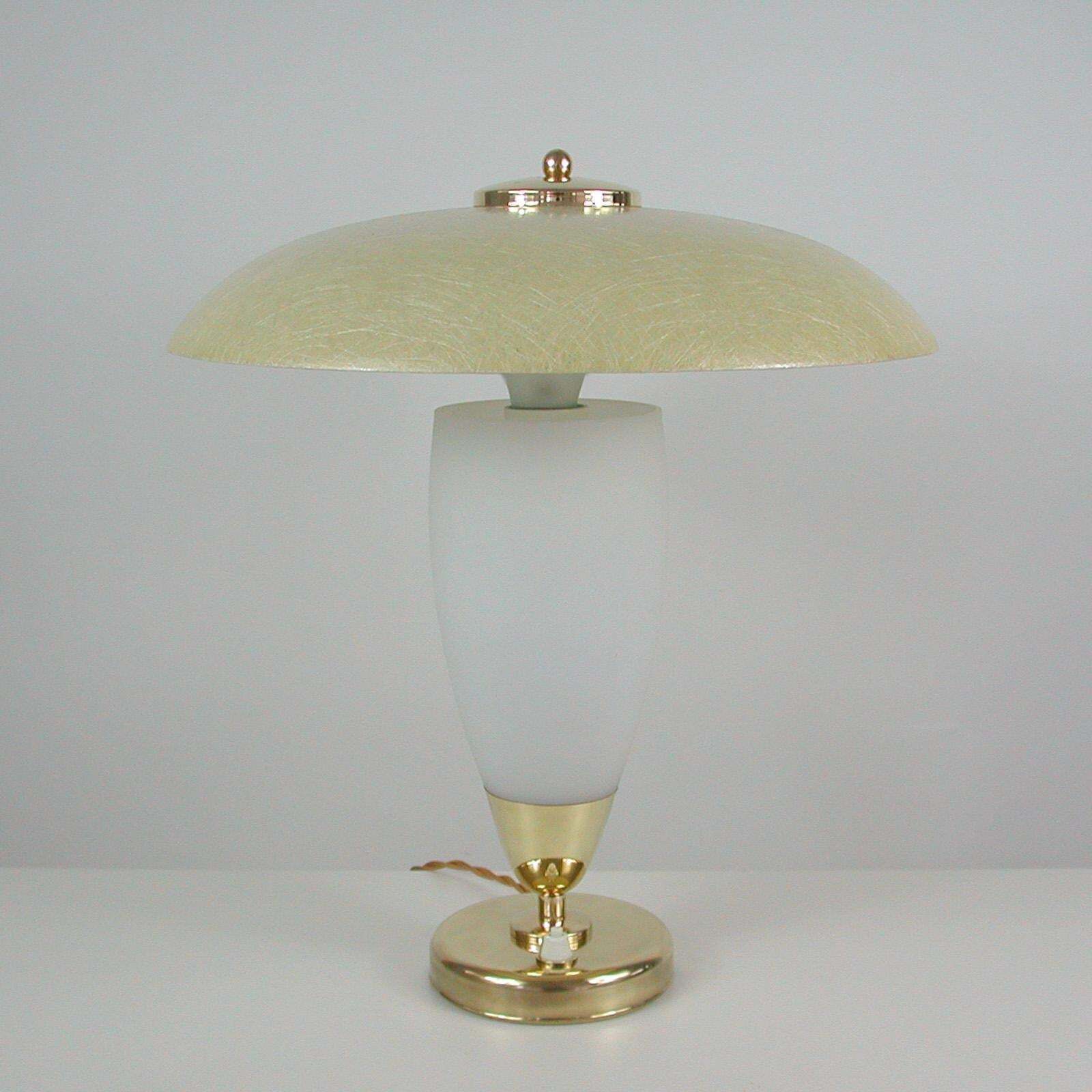 photo for sale Midcentury Swedish Modern Brass, Opaline And Fiberglass Saucer Table Lamp, 1950s