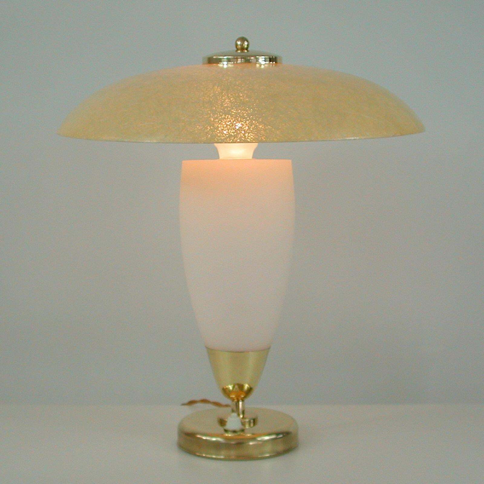 Lighting Midcentury Swedish Modern Brass, Opaline And Fiberglass Saucer Table Lamp, 1950s photo