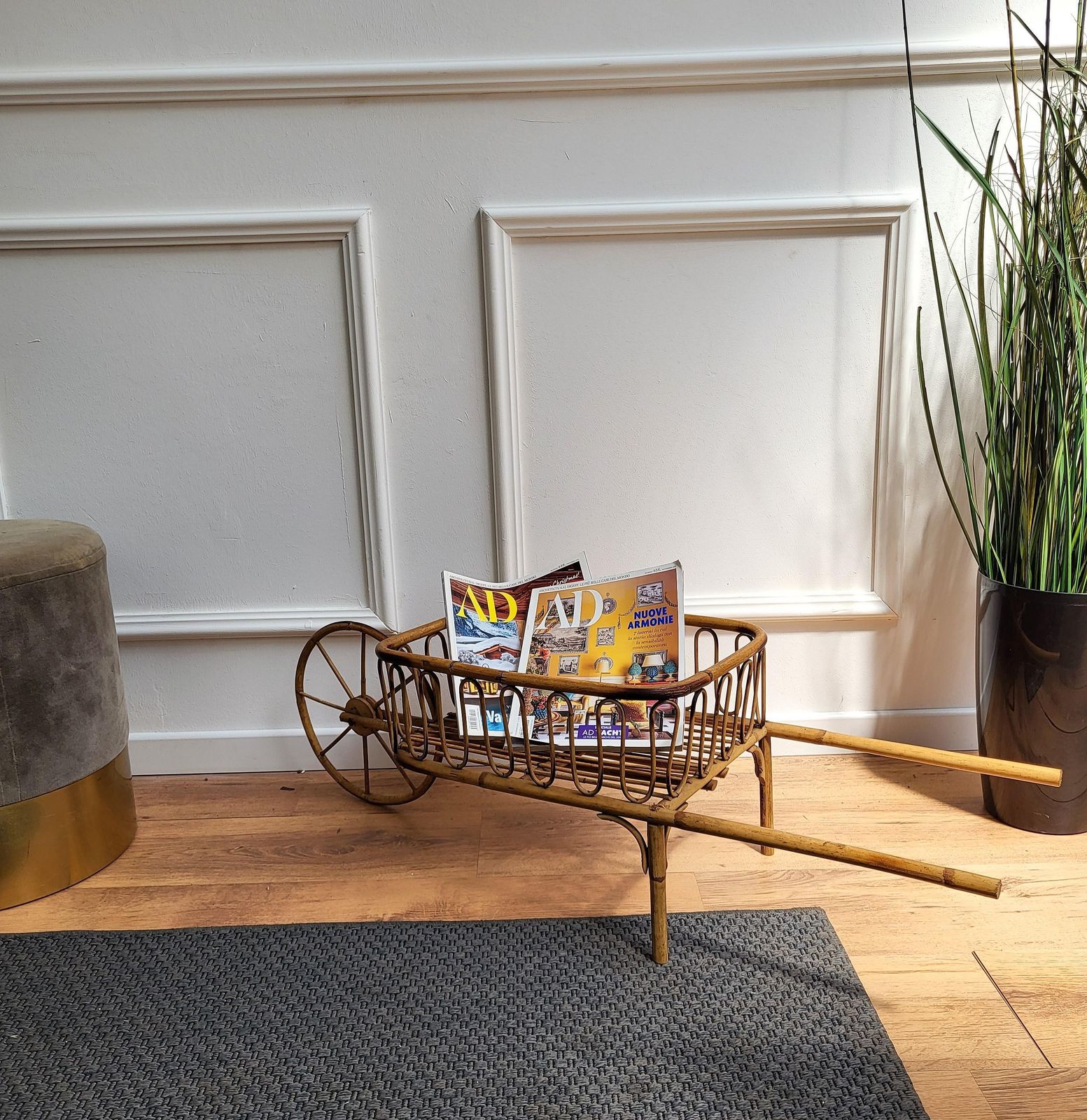 1960s Italian Bamboo Rattan Bohemian French Riviera Basket Magazine Wheelbarrow photo furniture