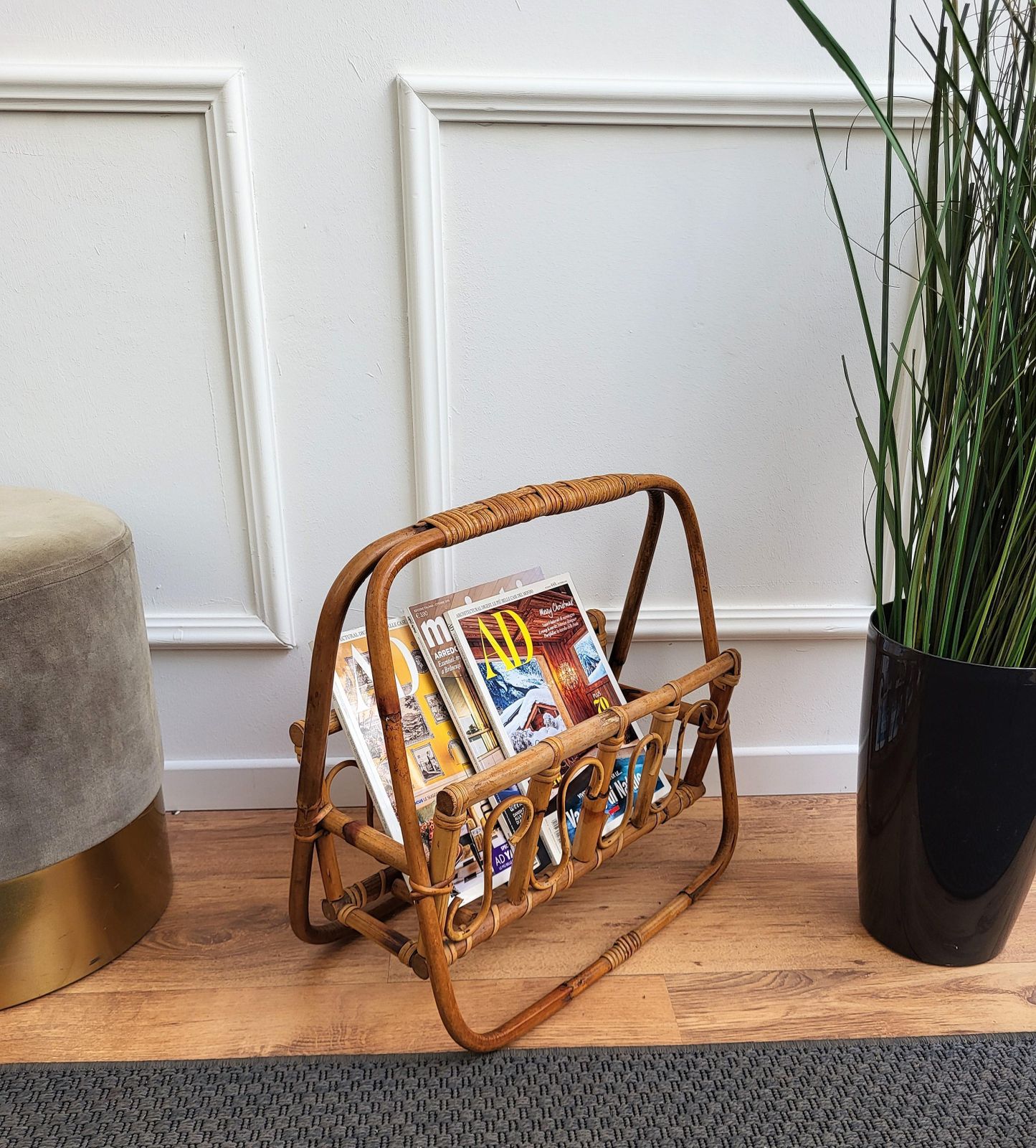 1960s Italian Bamboo Rattan Bohemian French Riviera Magazine Rack Stand photo furniture