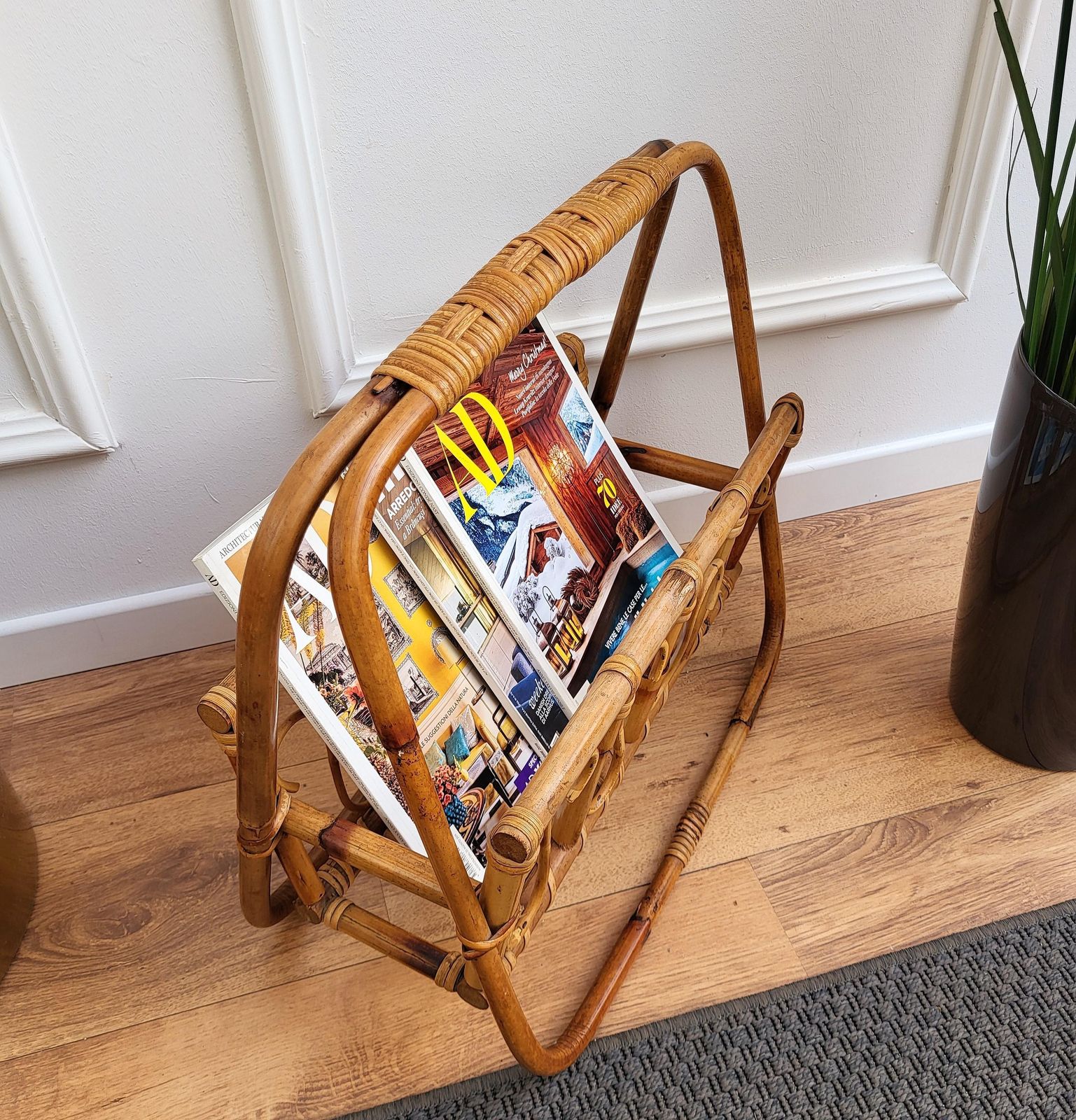 1960s Italian Bamboo Rattan Bohemian French Riviera Magazine Rack Stand photo for sale