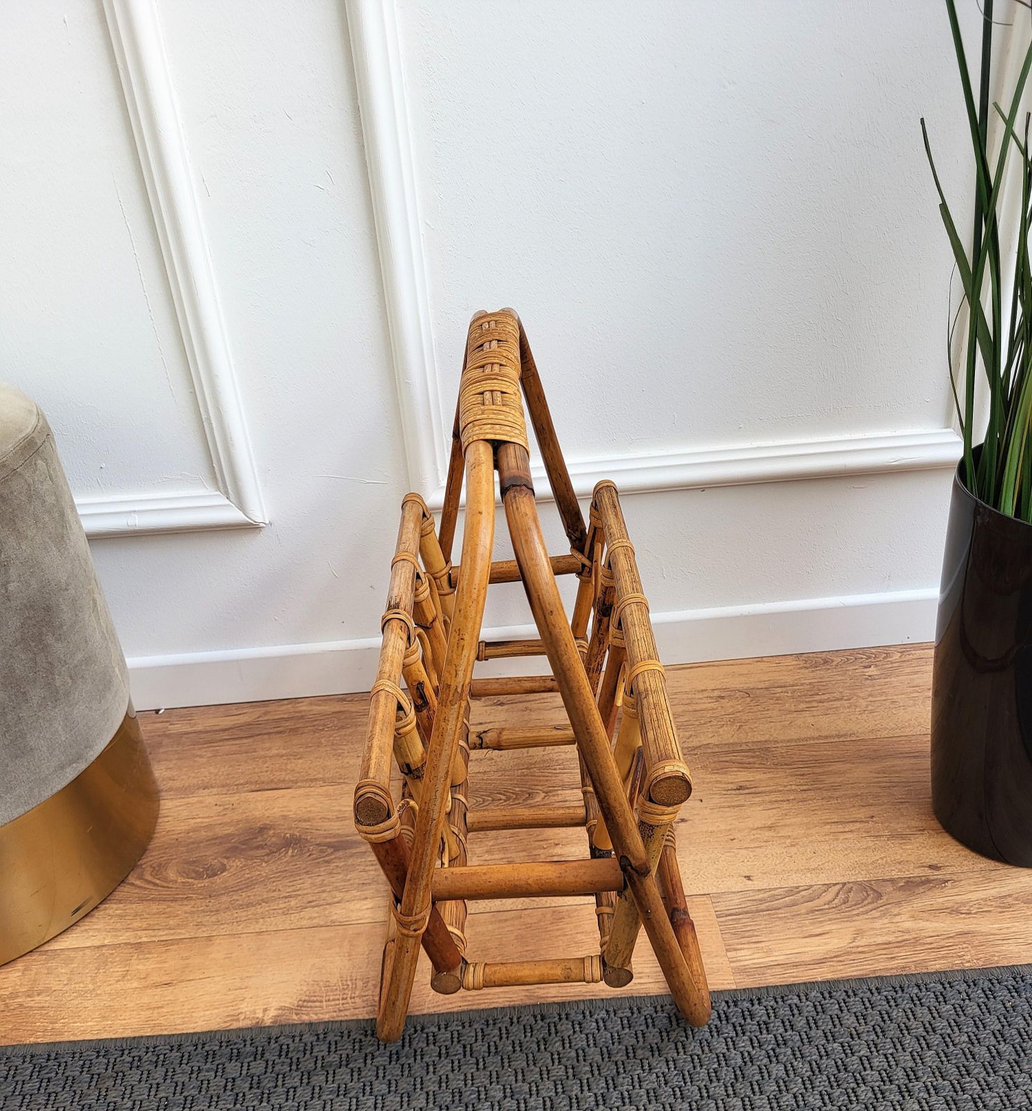 1960s Italian Bamboo Rattan Bohemian French Riviera Magazine Rack Stand photo buy