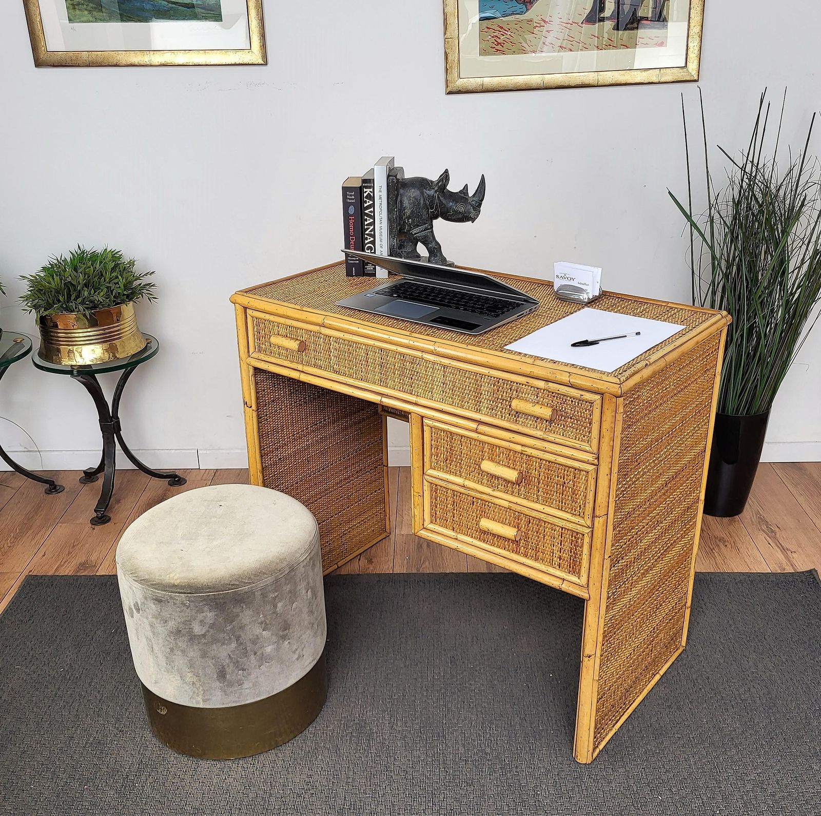 Mid Century Bamboo, Wood And Rattan Writing Table Desk With Drawers, Italy 1970s photo furniture