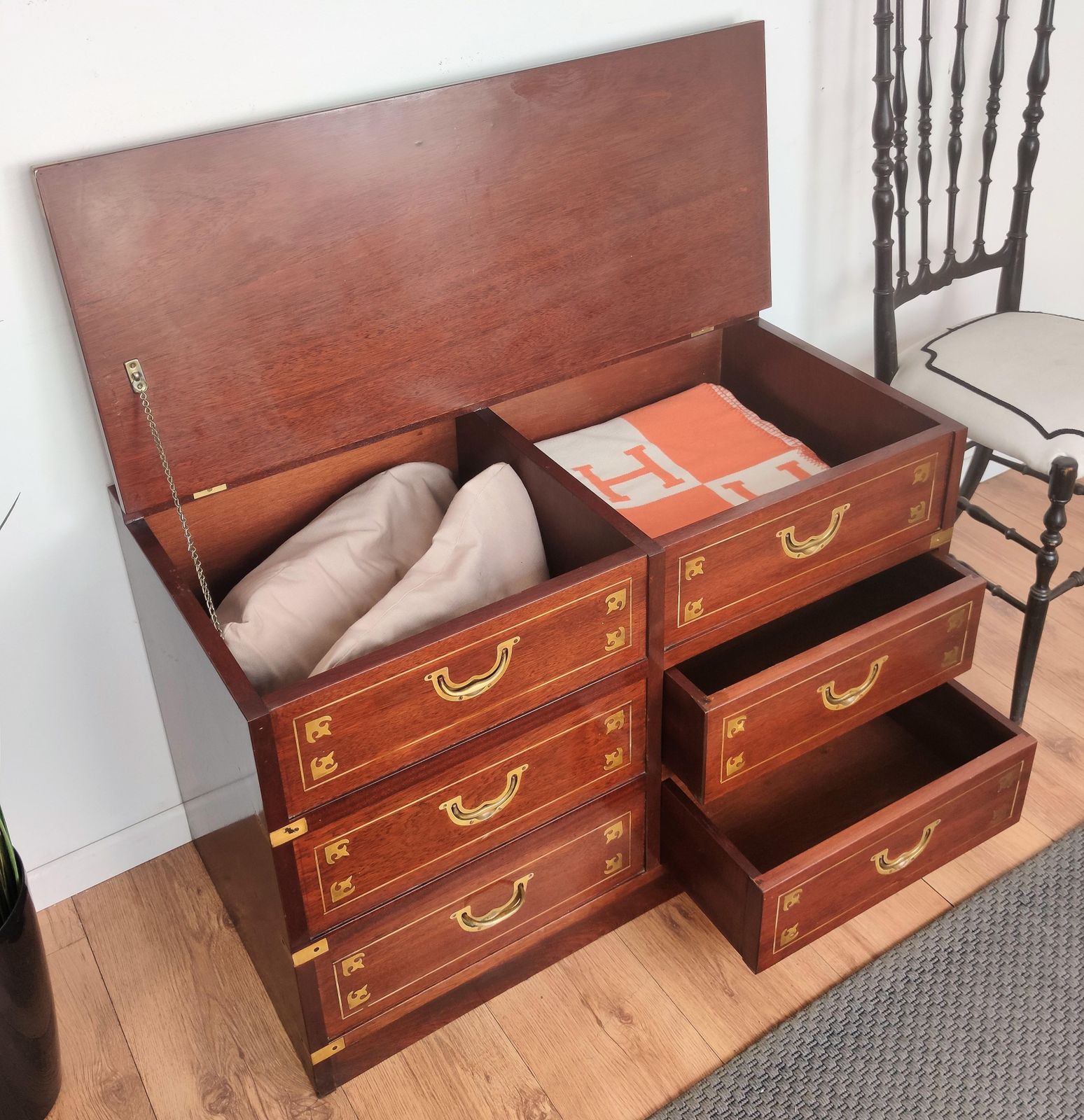 Italian Midcentury Wood And Brass Marine Military Campaign Style Chest photo furniture