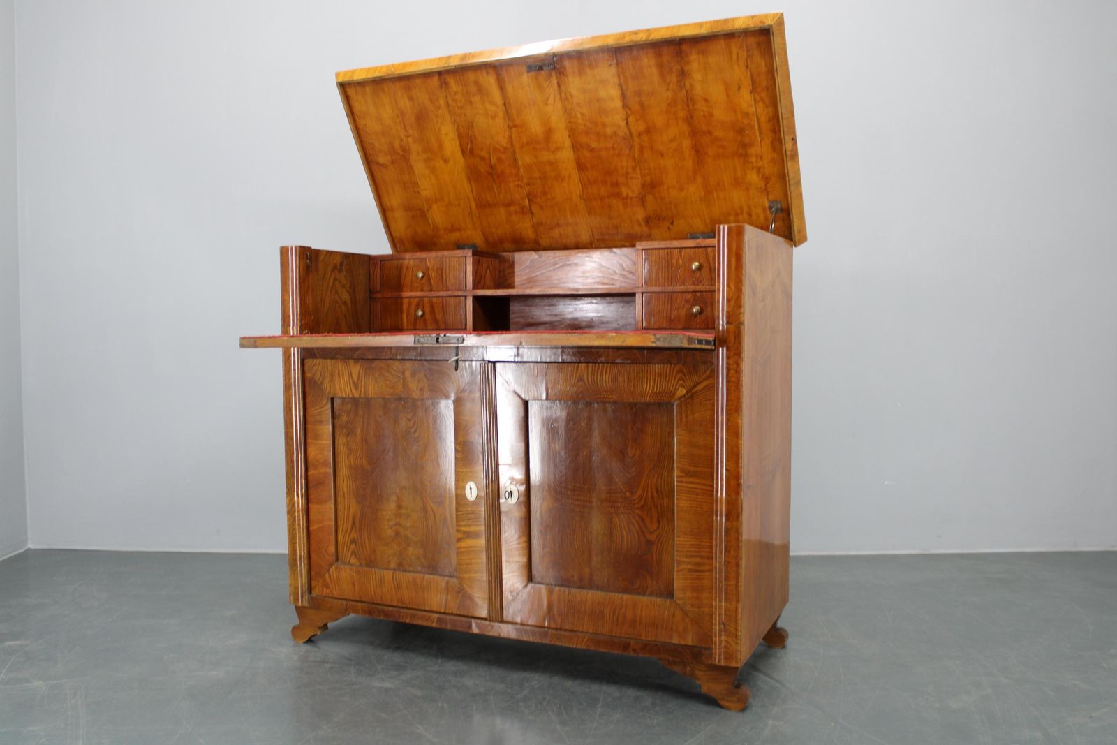 1930s Antique Cabinet With Writing Area In Walnut Finish, Czechoslovakia photo for sale