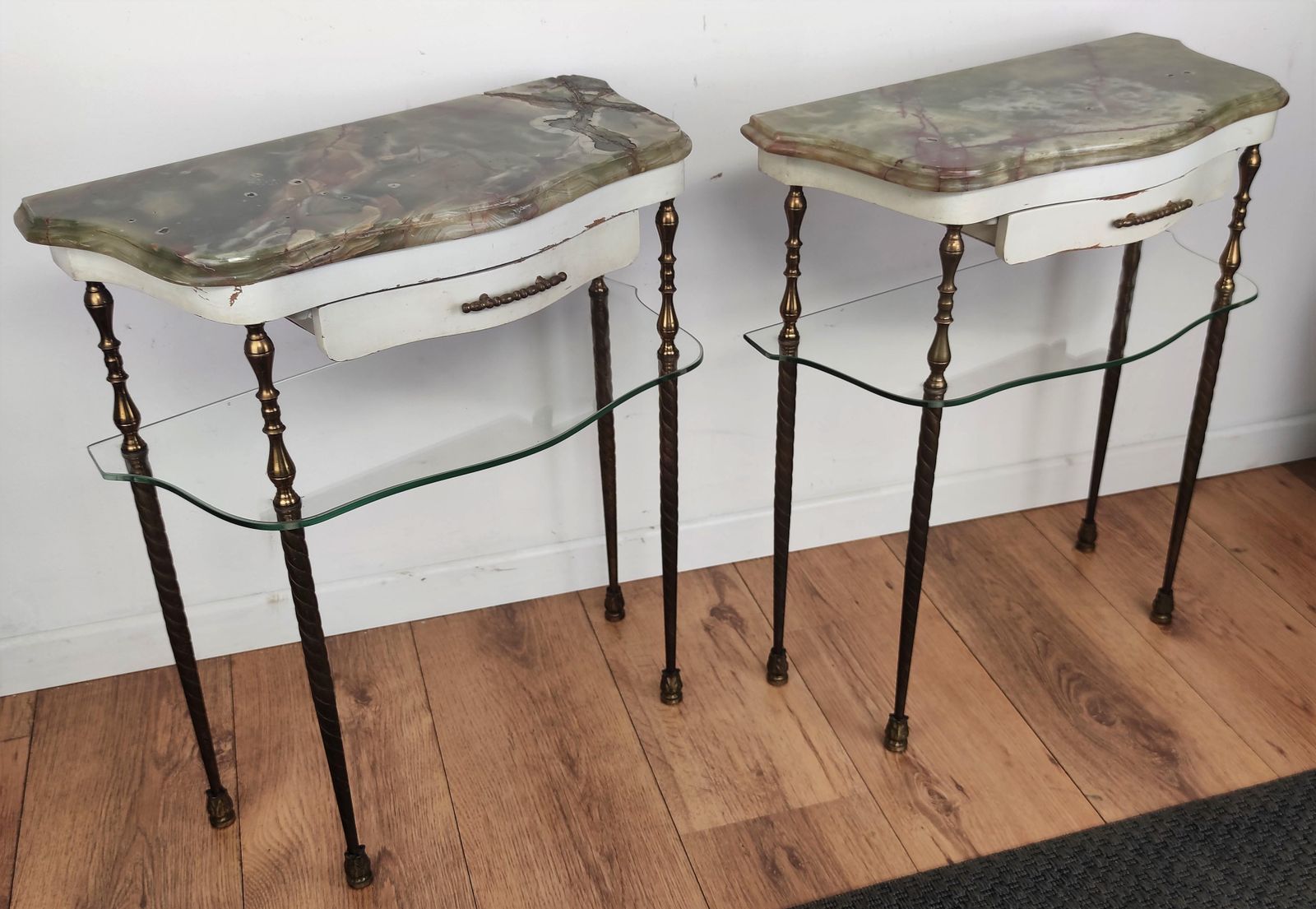 Pair Of Italian Brass Marble Midcentury Art Deco Nightstands Bed Side End Tables photo for sale