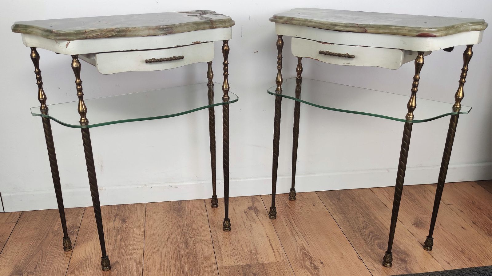 Pair Of Italian Brass Marble Midcentury Art Deco Nightstands Bed Side End Tables photo Furniture
