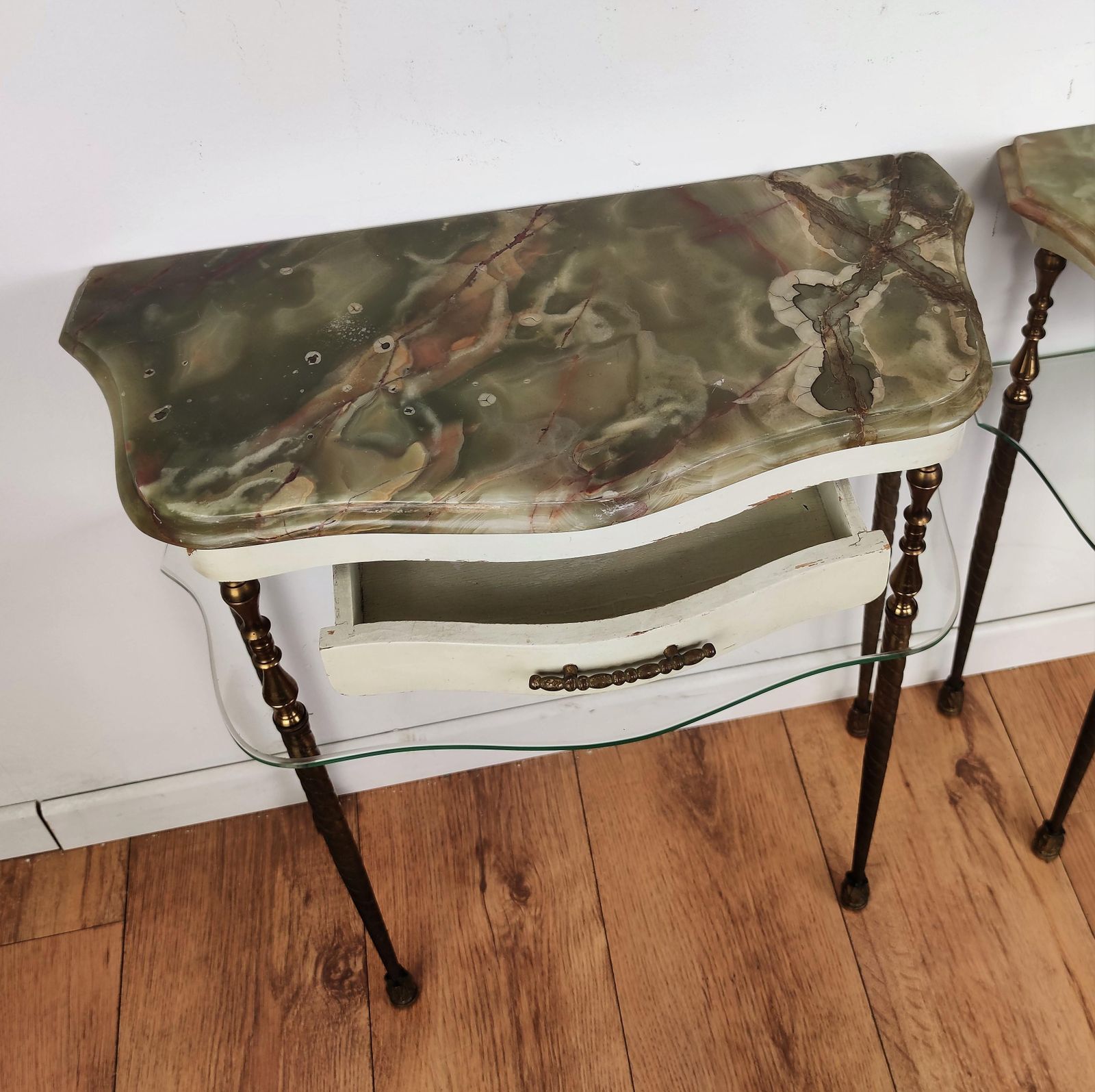 Pair Of Italian Brass Marble Midcentury Art Deco Nightstands Bed Side End Tables photo vinterior