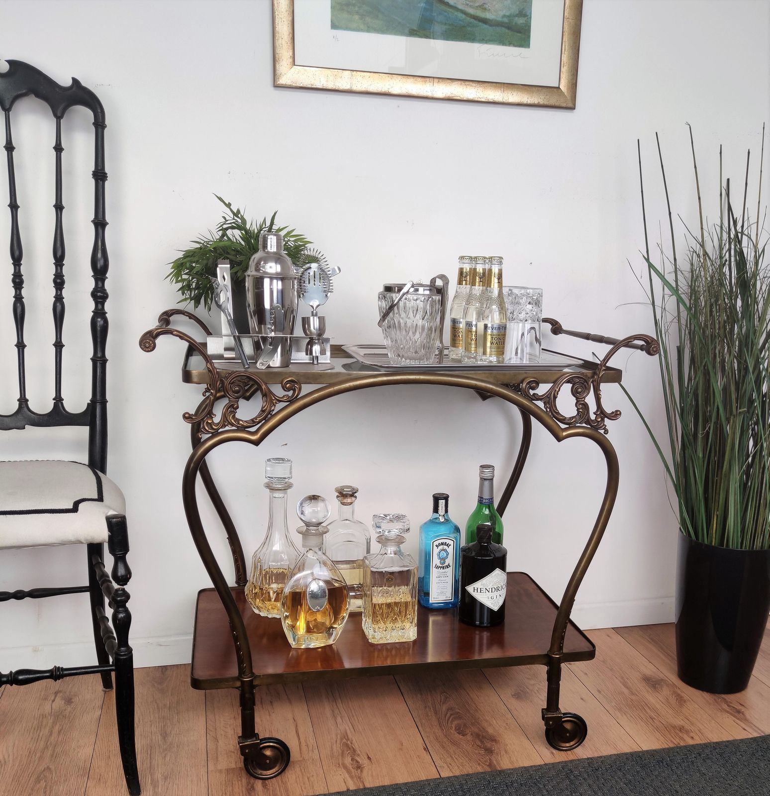 Art Deco Mid Century Modern Italian Two Tier Gilt Brass Bar Cart photo furniture
