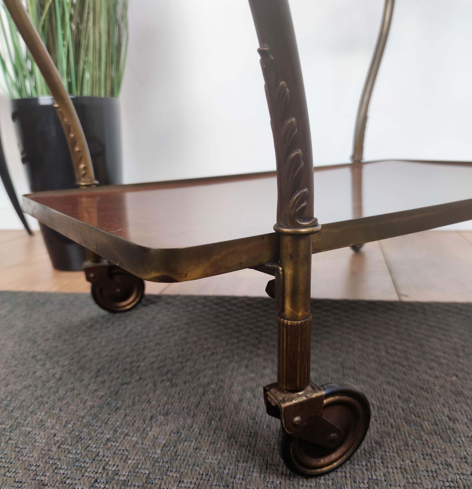 Art Deco Mid Century Modern Italian Two Tier Gilt Brass Bar Cart photo vinterior