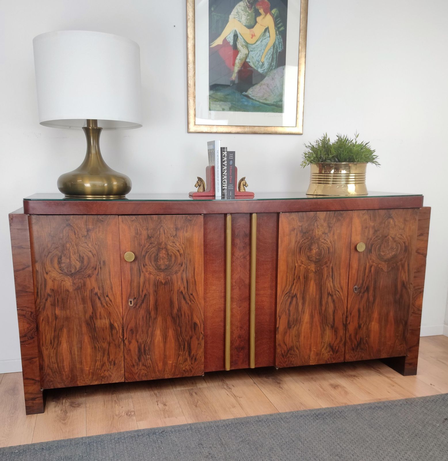 1940s Art Deco Mid Century Modern Italian Walnut Burl Brass Sideboard Credenza photo Furniture