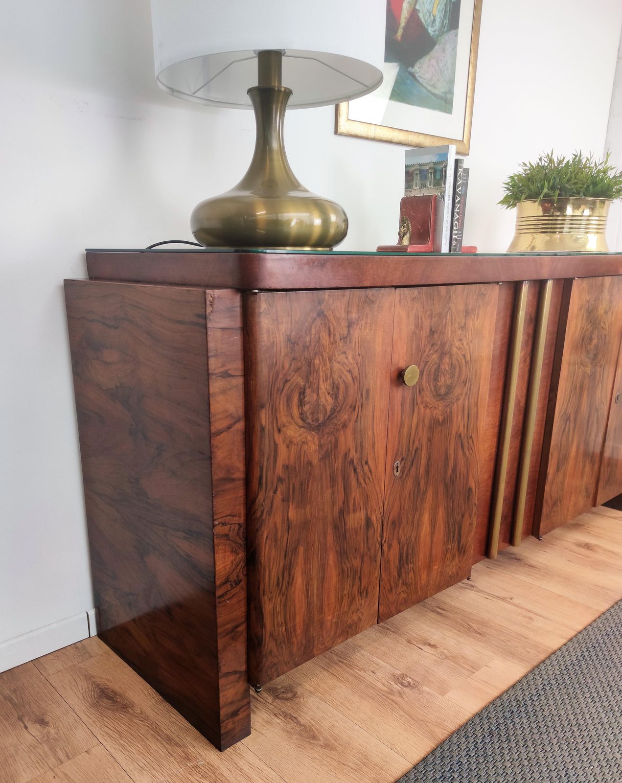 1940s Art Deco Mid Century Modern Italian Walnut Burl Brass Sideboard Credenza photo vintage