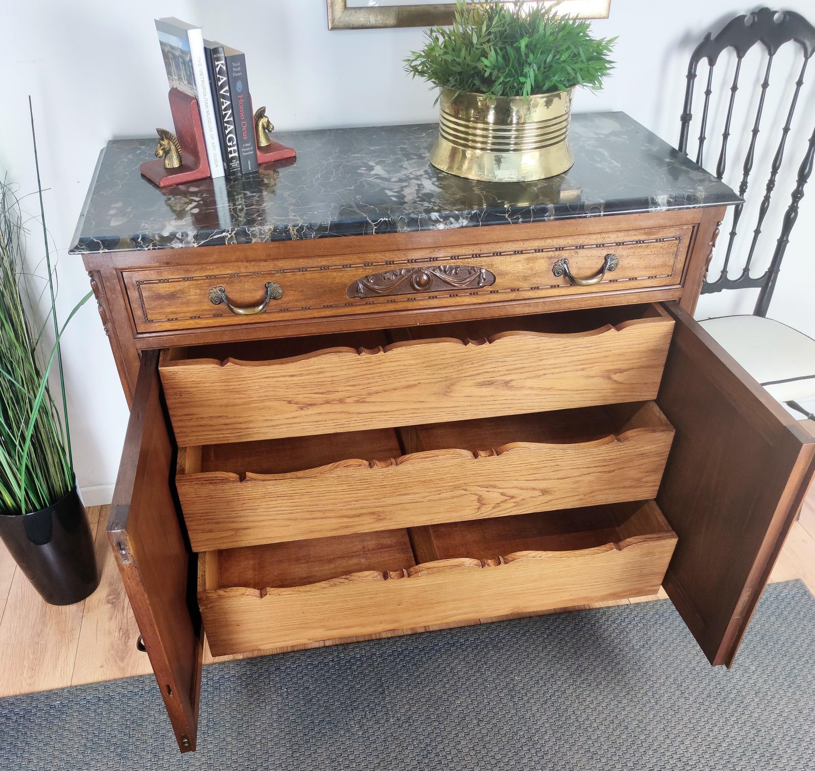 Antique Italian Walnut, Brass And Marble Top Chest Of Drawers Commode Credenza photo furniture