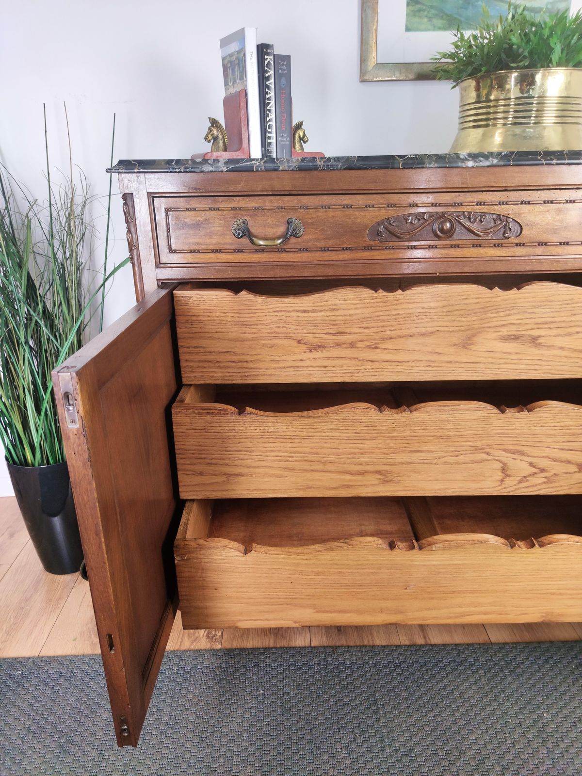 Antique Italian Walnut, Brass And Marble Top Chest Of Drawers Commode Credenza photo Furniture