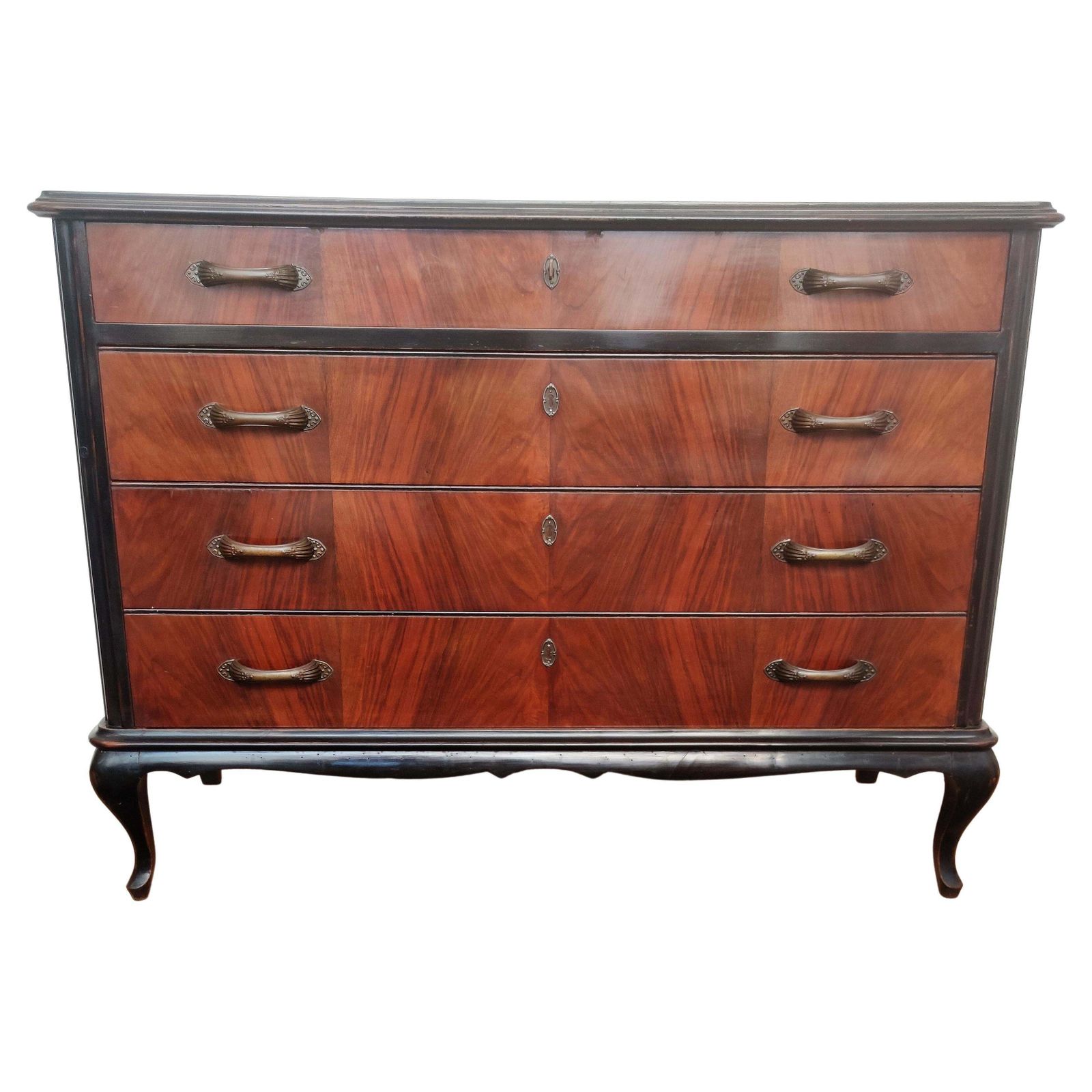 Italian Mid Century Modern Wood And Brass Commode Dresser Chest Of 4 Drawers