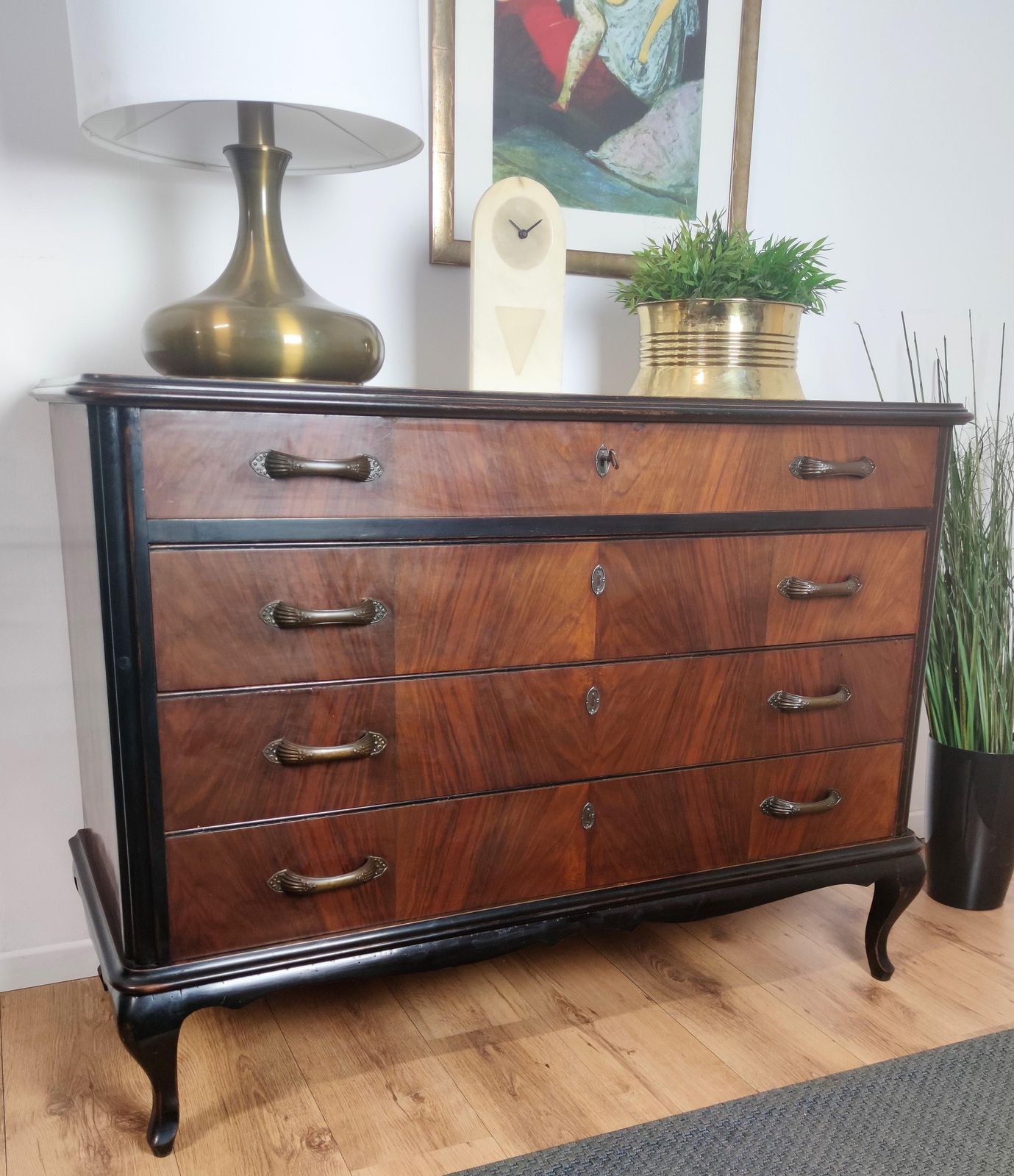 Italian Mid Century Modern Wood And Brass Commode Dresser Chest Of 4 Drawers photo for sale