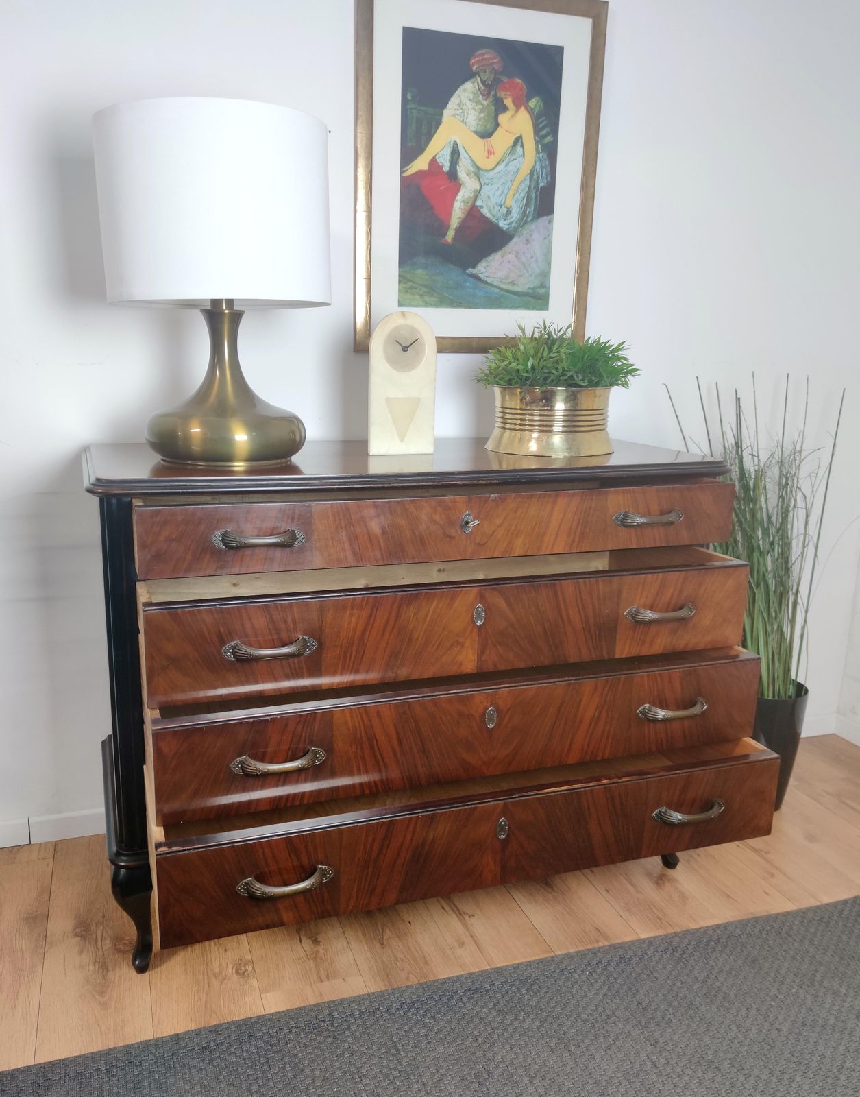 Italian Mid Century Modern Wood And Brass Commode Dresser Chest Of 4 Drawers photo Furniture