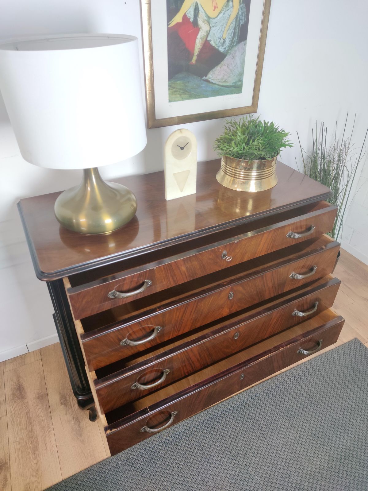 Italian Mid Century Modern Wood And Brass Commode Dresser Chest Of 4 Drawers photo vinterior